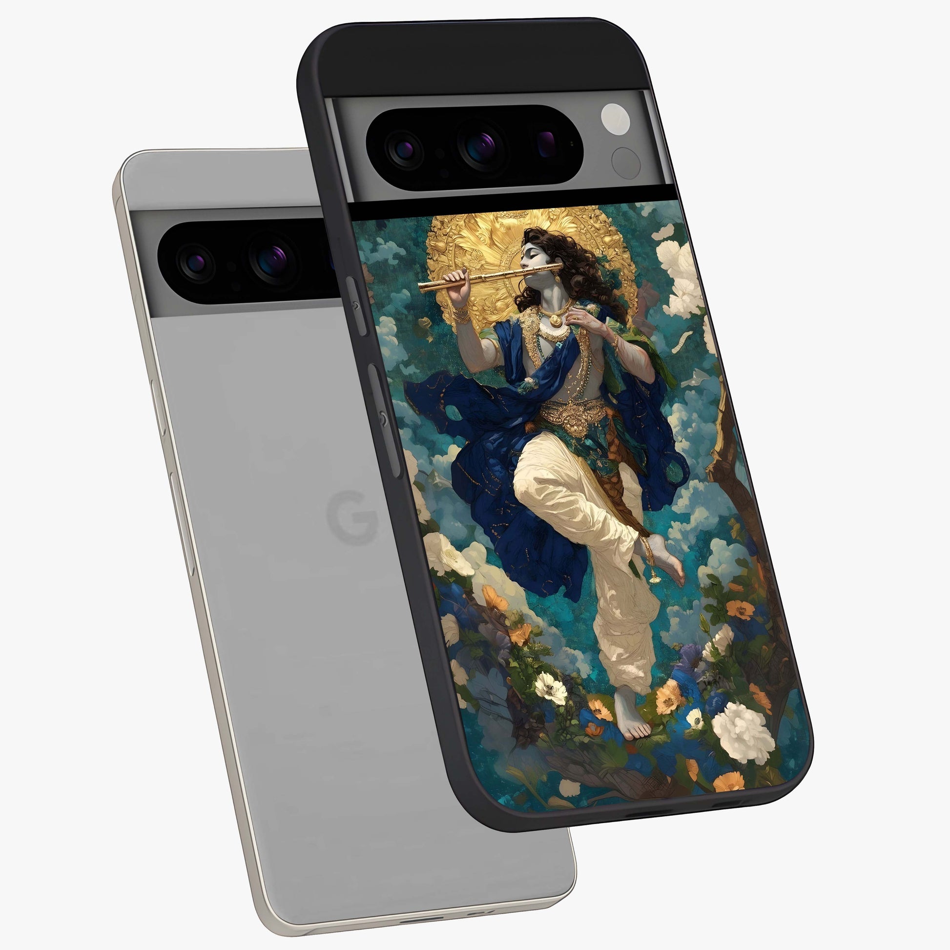 Divine Krishna Art Glass Case displayed in angled mockup highlighting spiritual Krishna illustration with devotional aesthetic.