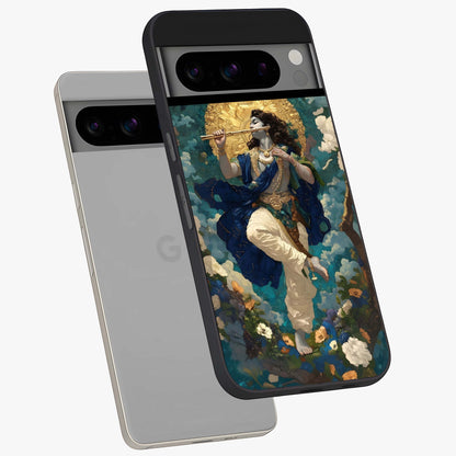 Divine Krishna Art Glass Case displayed in angled mockup highlighting spiritual Krishna illustration with devotional aesthetic.