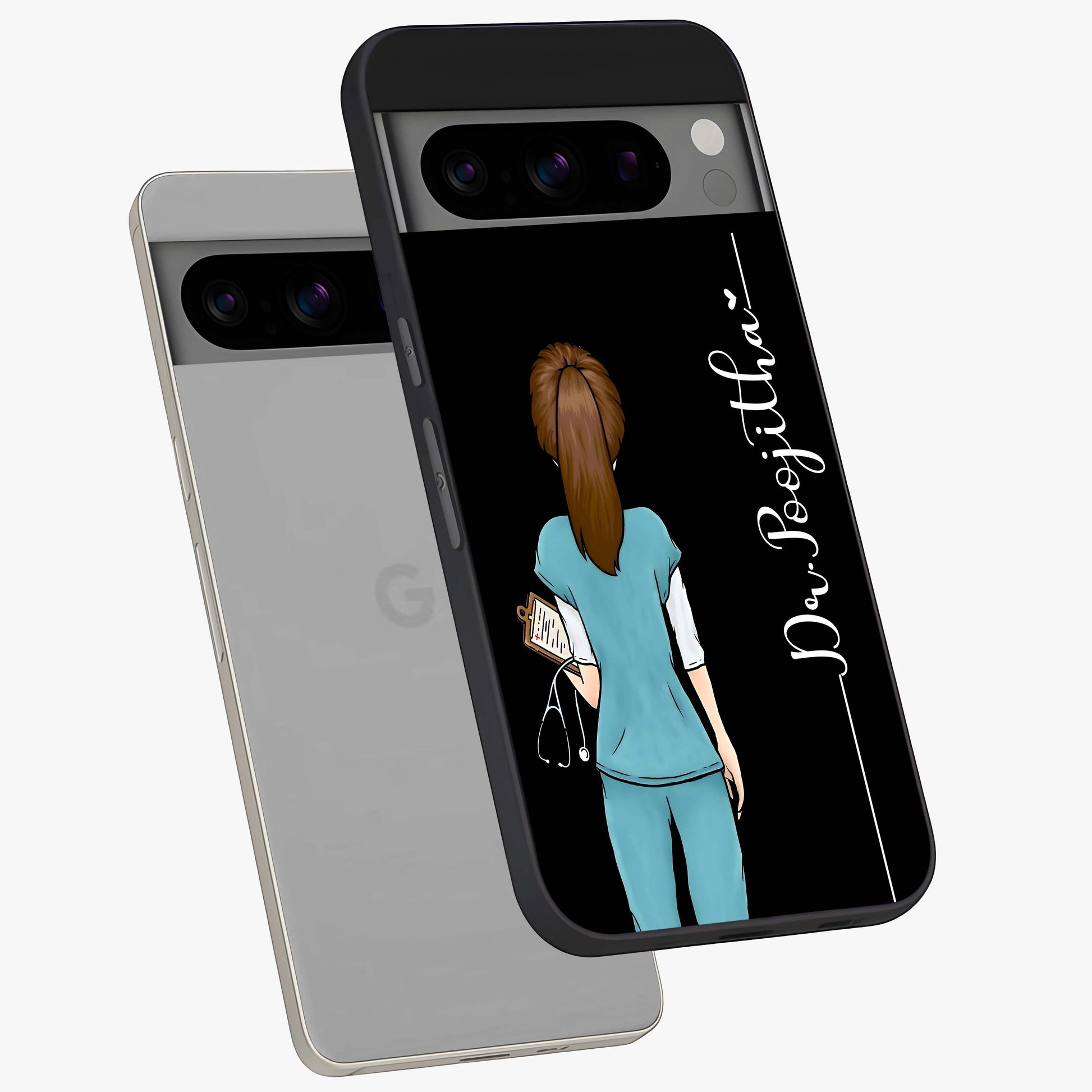 Doctor Pattern Custom Name Glass Case displayed in angled mockup highlighting doctor inspired artwork with custom name feature.