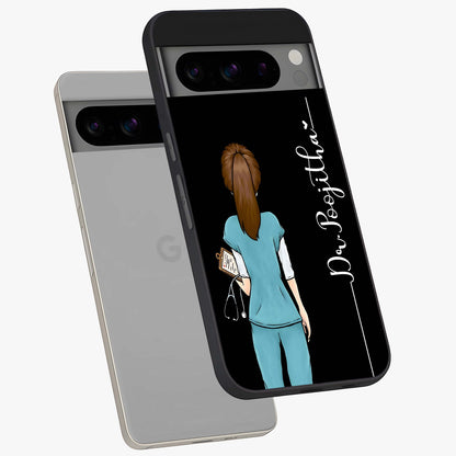 Doctor Pattern Custom Name Glass Case displayed in angled mockup highlighting doctor inspired artwork with custom name feature.