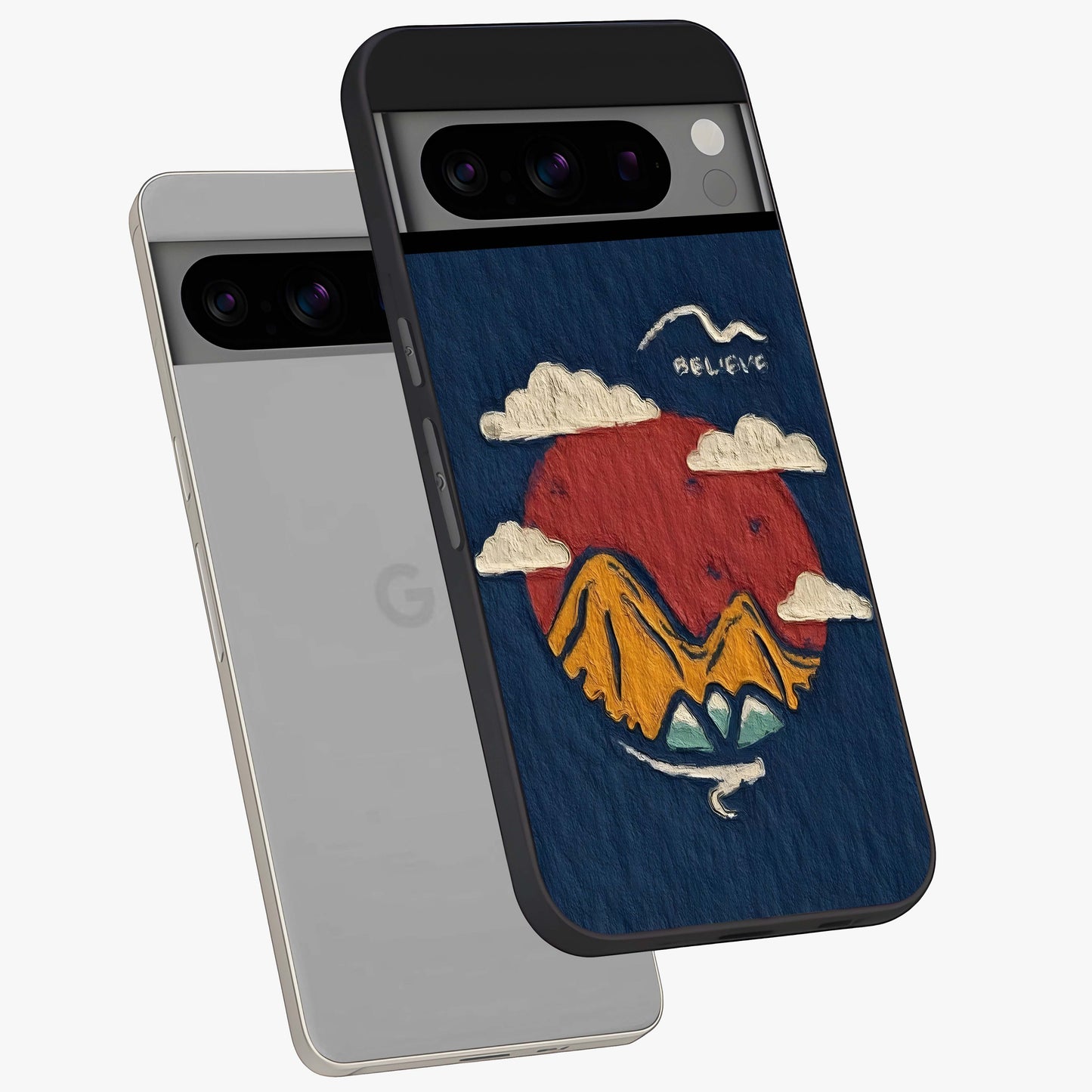 Dream Beyond Mountains Glass Case displayed in angled mockup highlighting dreamy mountain illustration with peaceful aesthetic.