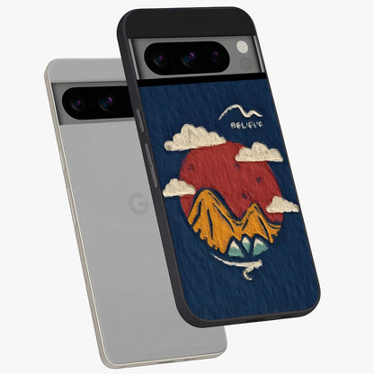 Dream Beyond Mountains Glass Case displayed in angled mockup highlighting dreamy mountain illustration with peaceful aesthetic.
