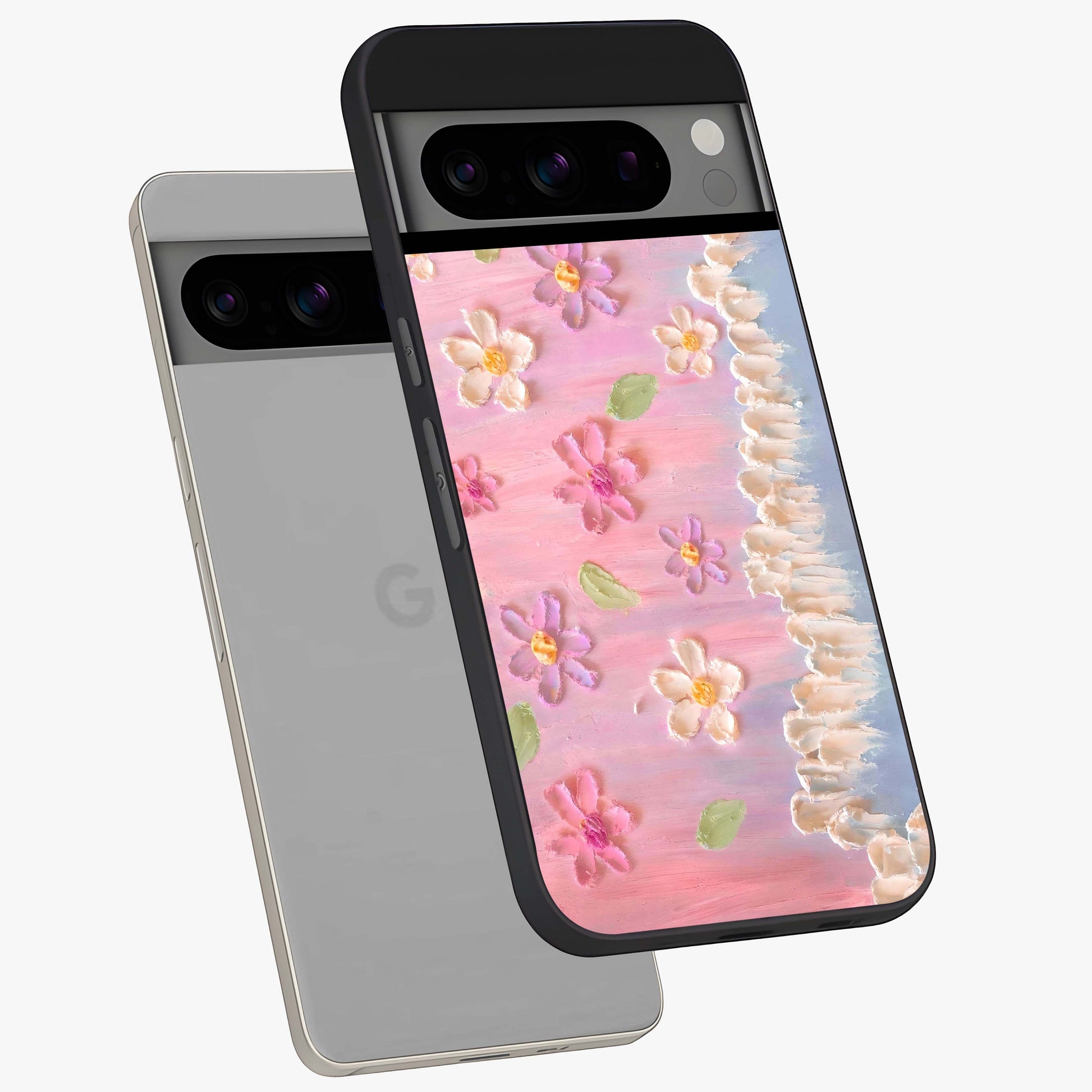 Dreamy Painted Garden Glass Case displayed in angled mockup highlighting colorful garden illustration with dreamy aesthetic style.