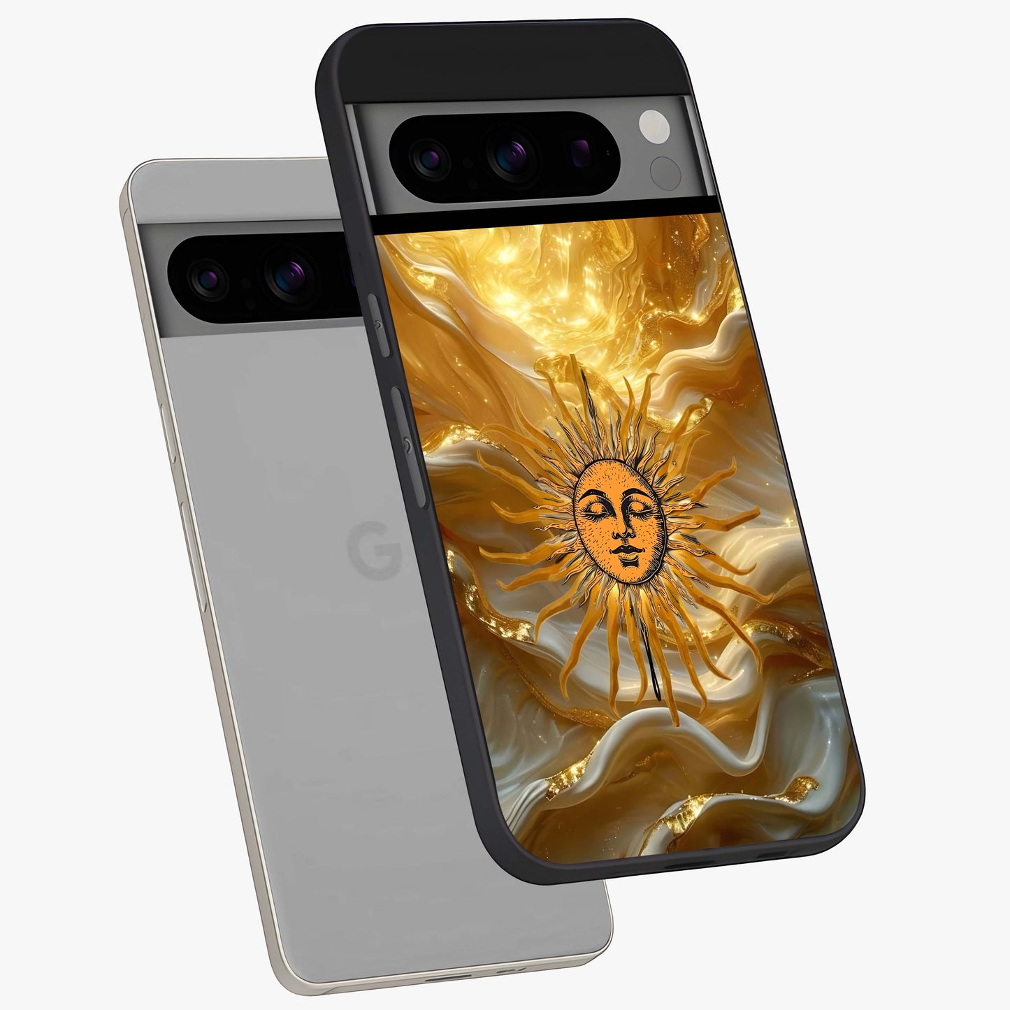 Eternal Golden Glow Glass Case displayed in angled mockup highlighting glowing golden aesthetic design with elegant style.