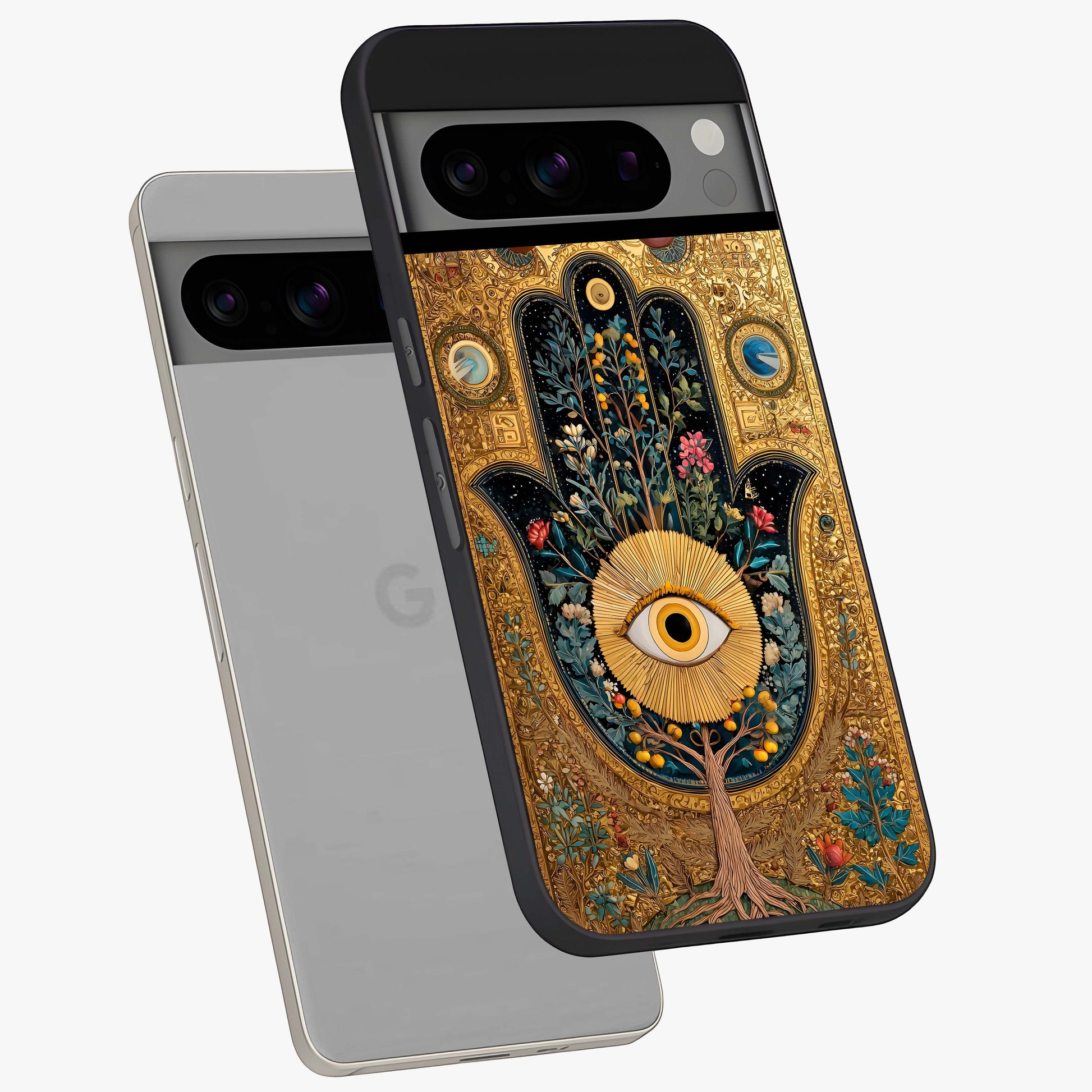 Ethereal Evil Eye Glass Case displayed in angled mockup highlighting protective evil eye symbol with spiritual aesthetic design.