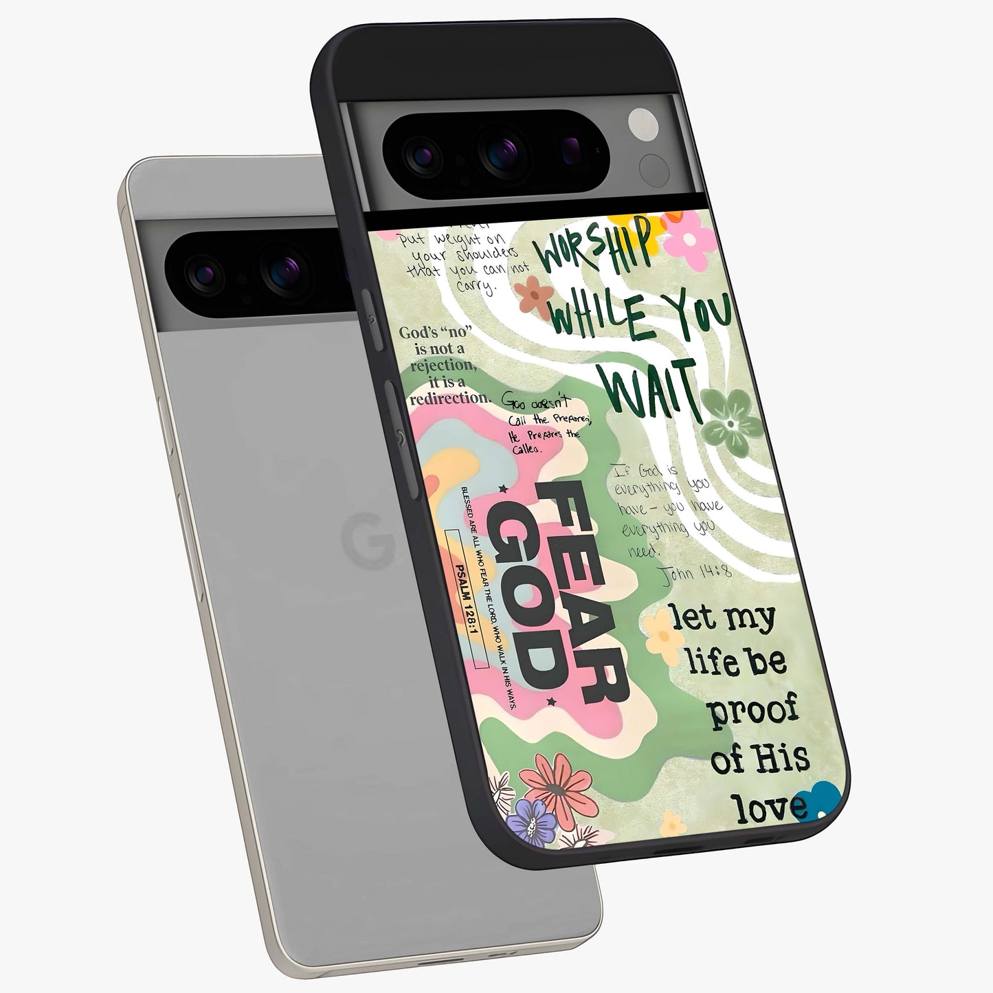 Faith Over Fear Glass Case displayed in angled mockup highlighting inspirational message design with modern aesthetic style.