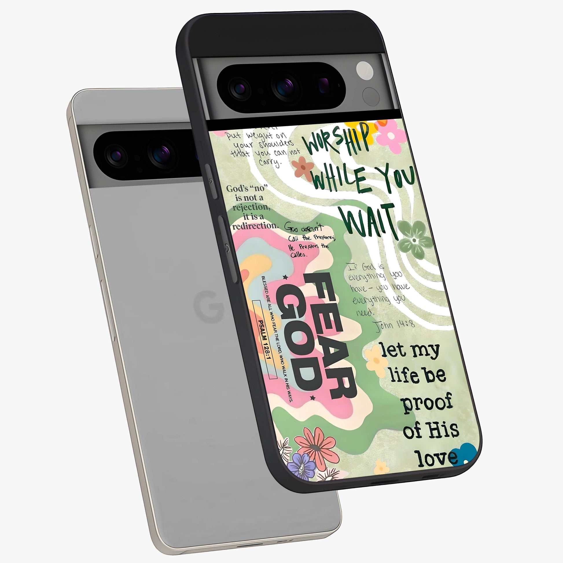 Faith Over Fear Glass Case displayed in angled mockup highlighting inspirational message design with modern aesthetic style.