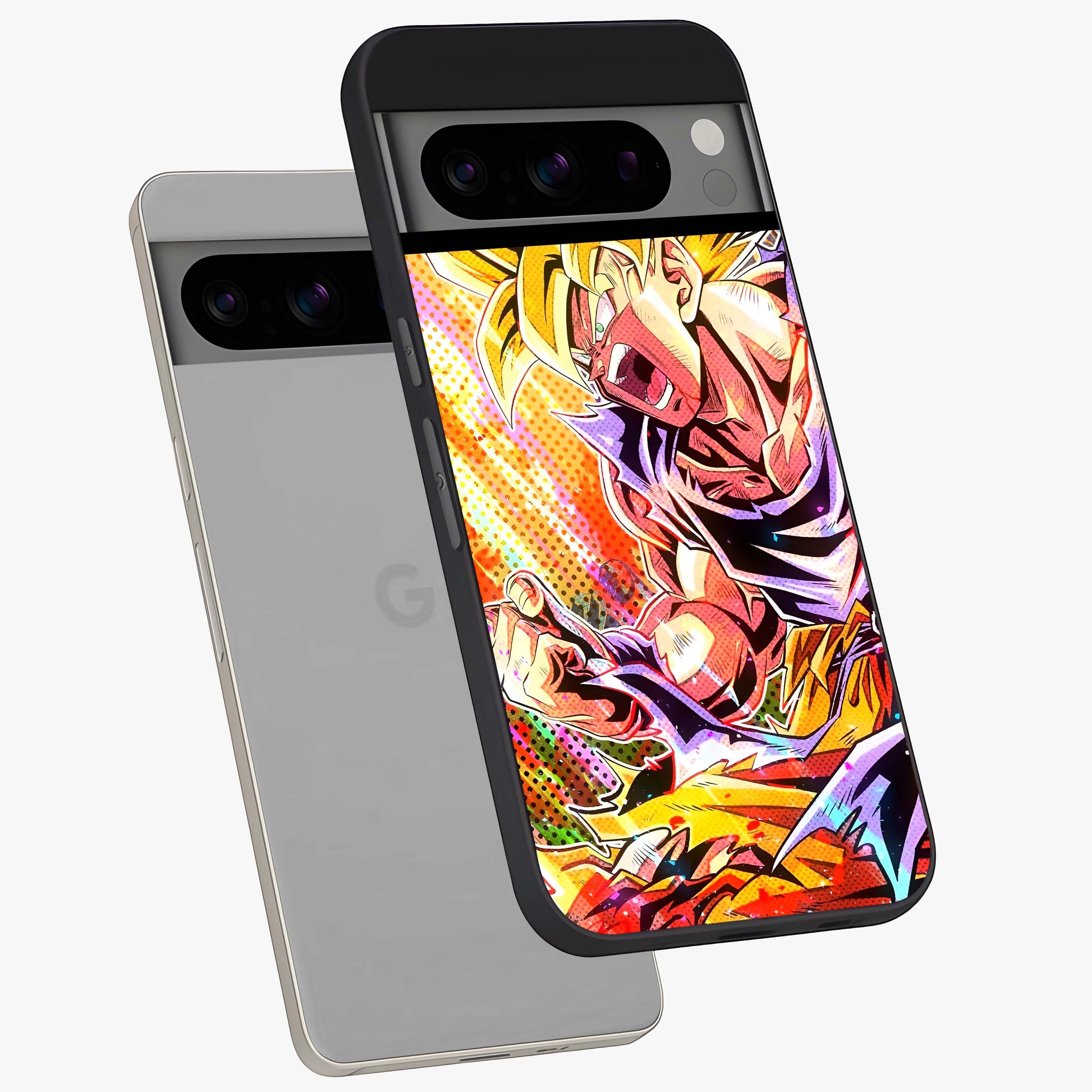 Firing Goku Glass Case displayed in angled mockup highlighting dynamic anime character design with action aesthetic.