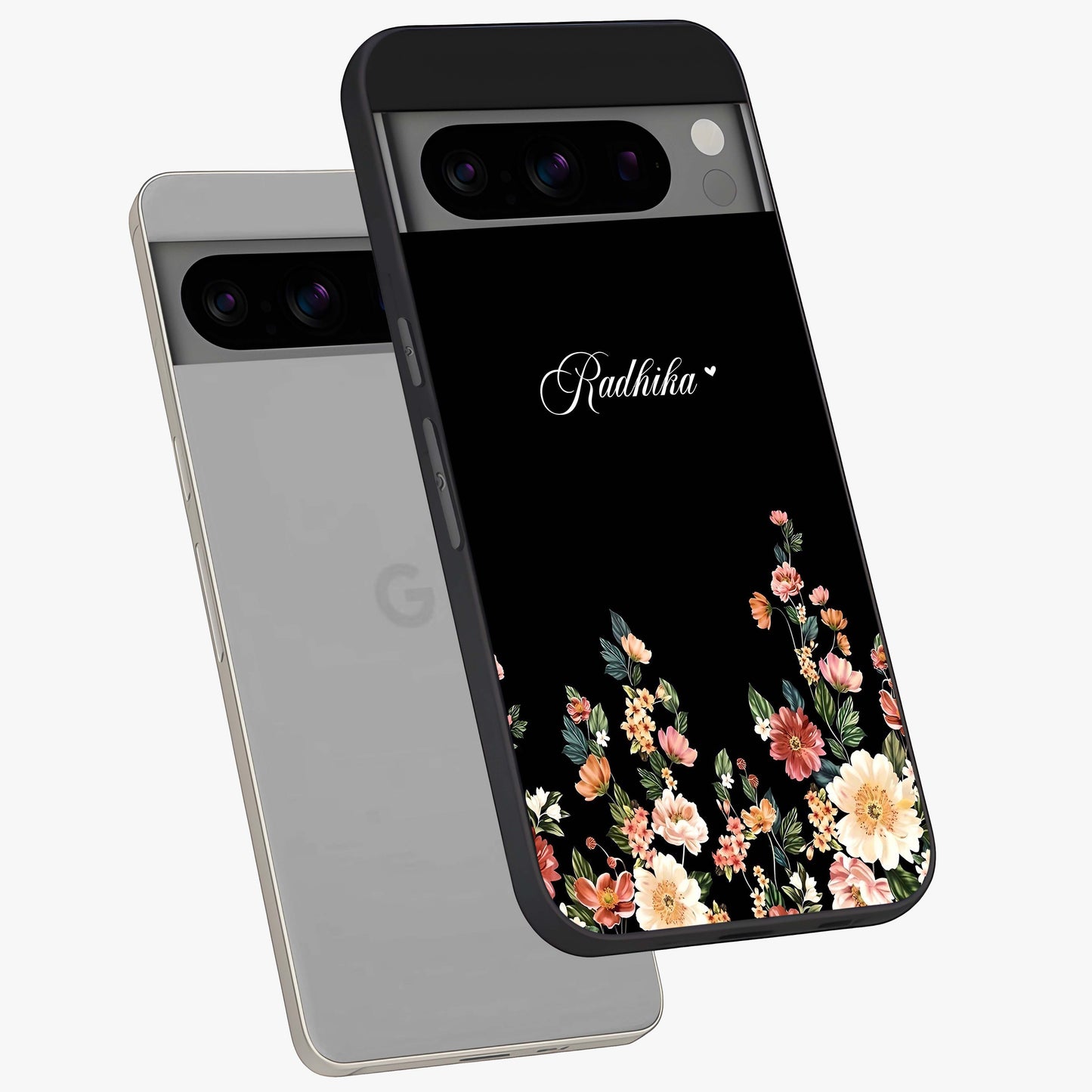 Floral Design With a Custom Personalized Name Glass Case displayed in angled mockup highlighting elegant floral pattern with custom name feature.