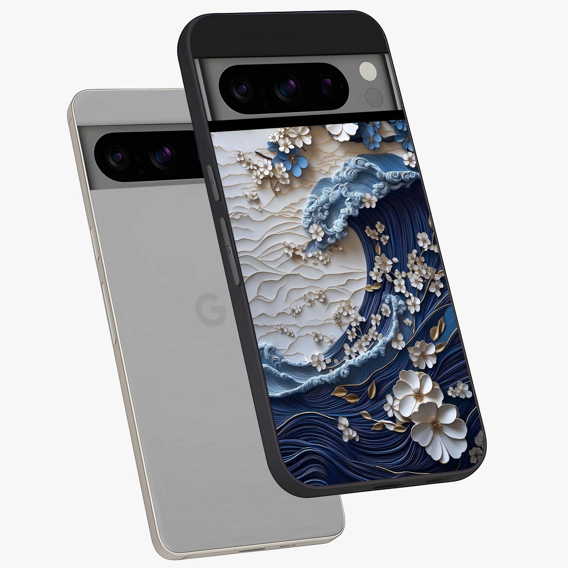 Floral Wave Origami Glass Case displayed in angled mockup highlighting geometric origami flower design with modern aesthetic style.