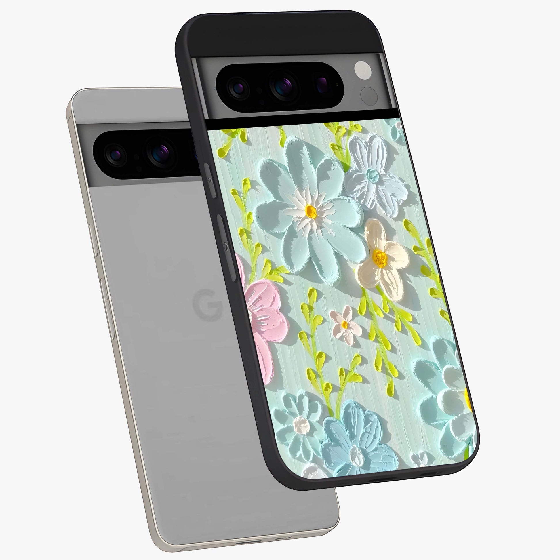 Frosted Petal Garden Glass Case displayed in angled mockup highlighting delicate flower petal design with calm garden aesthetic.