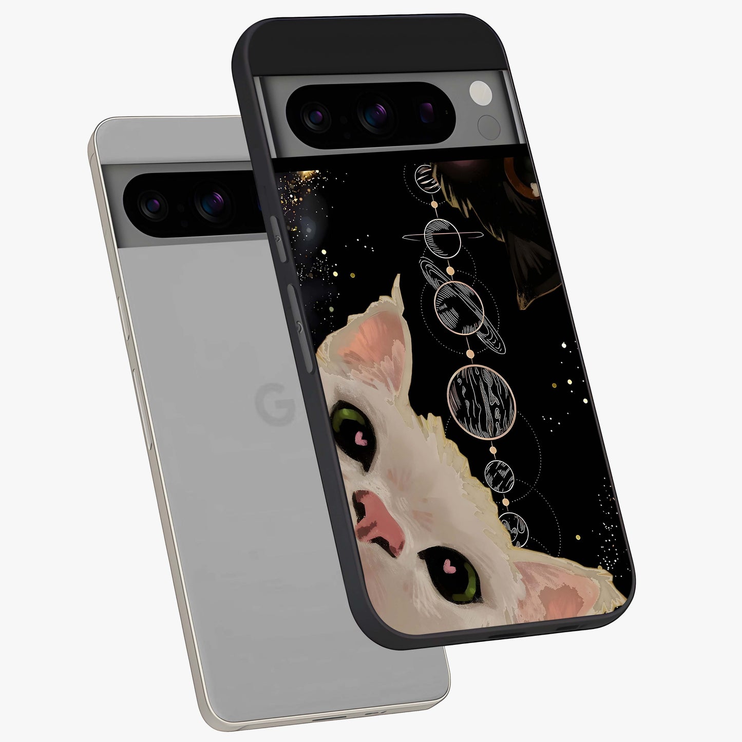 Galactic Cat Glass Case displayed in angled mockup highlighting celestial feline illustration with galaxy aesthetic style.