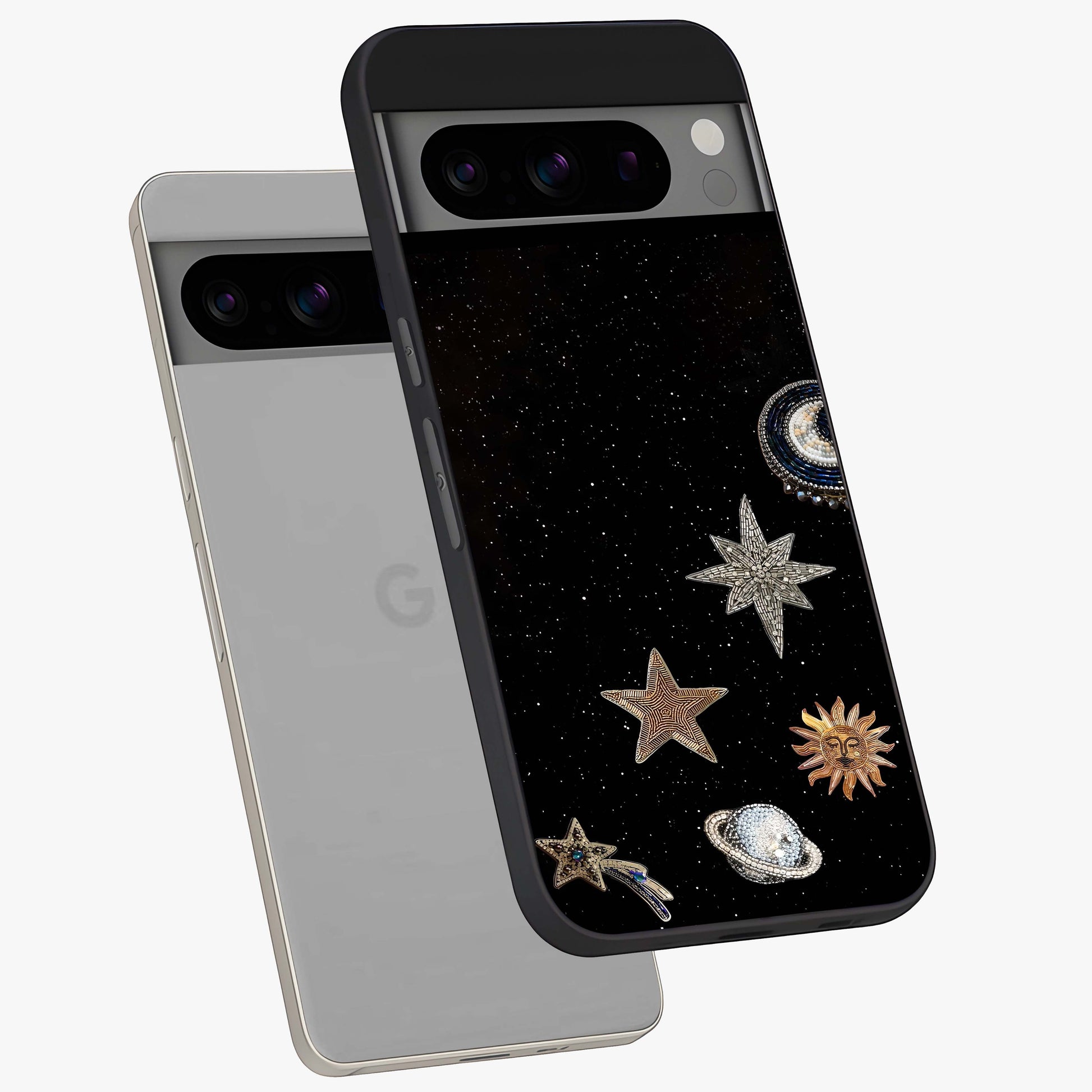 Galactic Charm Glow Glass Case displayed in angled mockup highlighting luminous galaxy inspired design with dreamy aesthetic.
