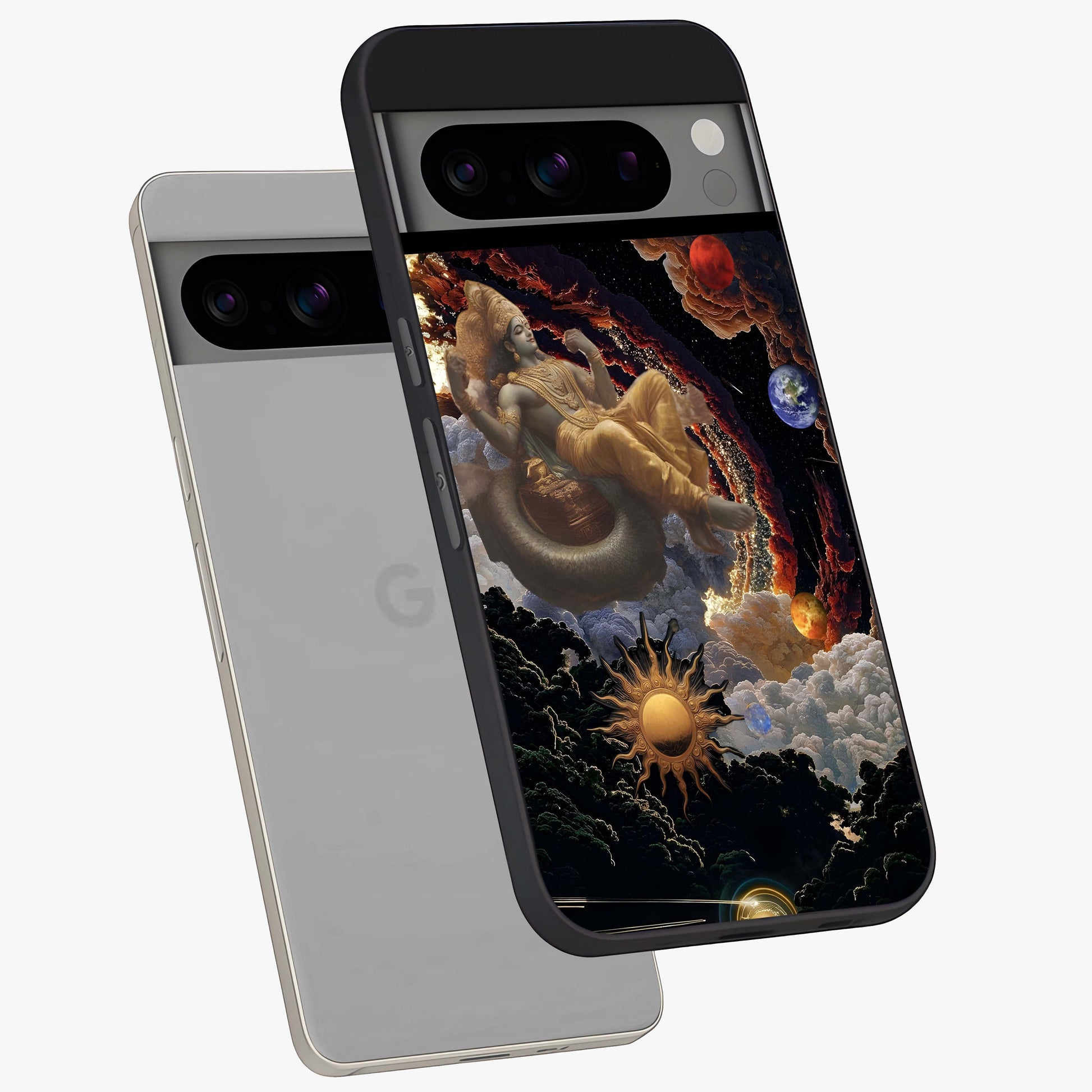 Galactic Divine God Glass Case displayed in angled mockup highlighting powerful celestial deity illustration with galactic aesthetic.