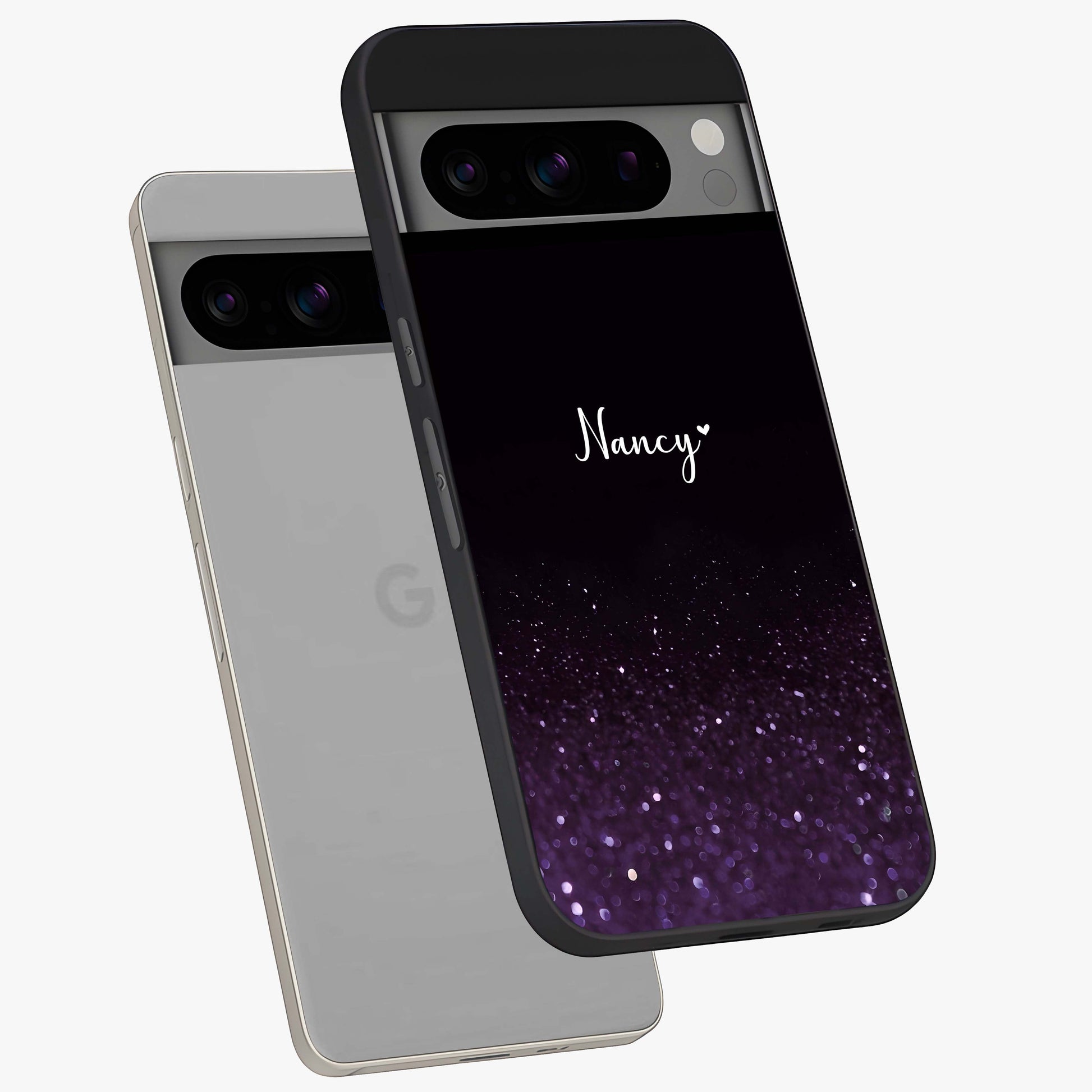 Glittery Purple Bokeh Custom Name Glass Case displayed in angled mockup highlighting glitter bokeh pattern with custom name feature.