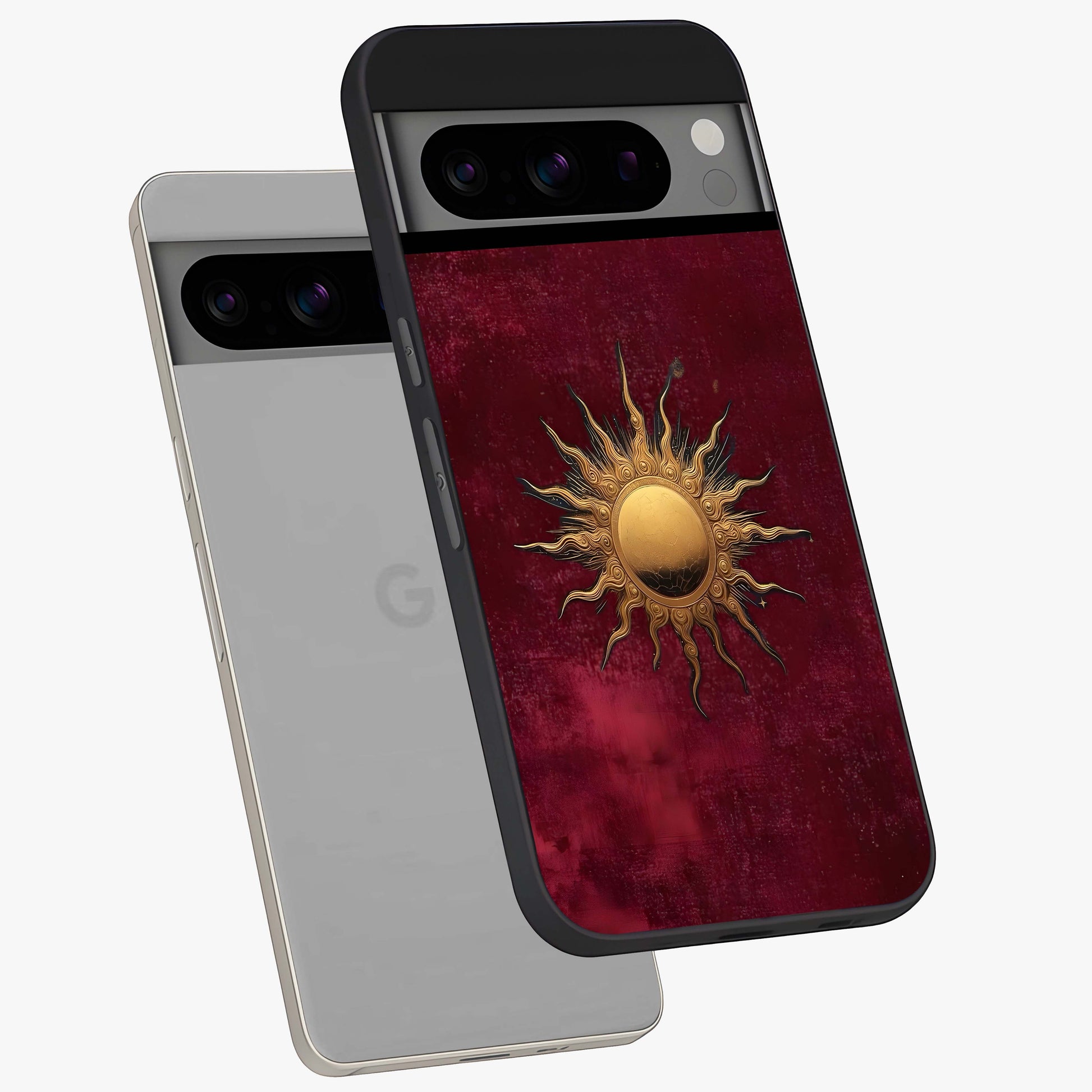 Golden Sun Minimalism Glass Case displayed in angled mockup highlighting clean sun symbol design with modern minimal aesthetic.