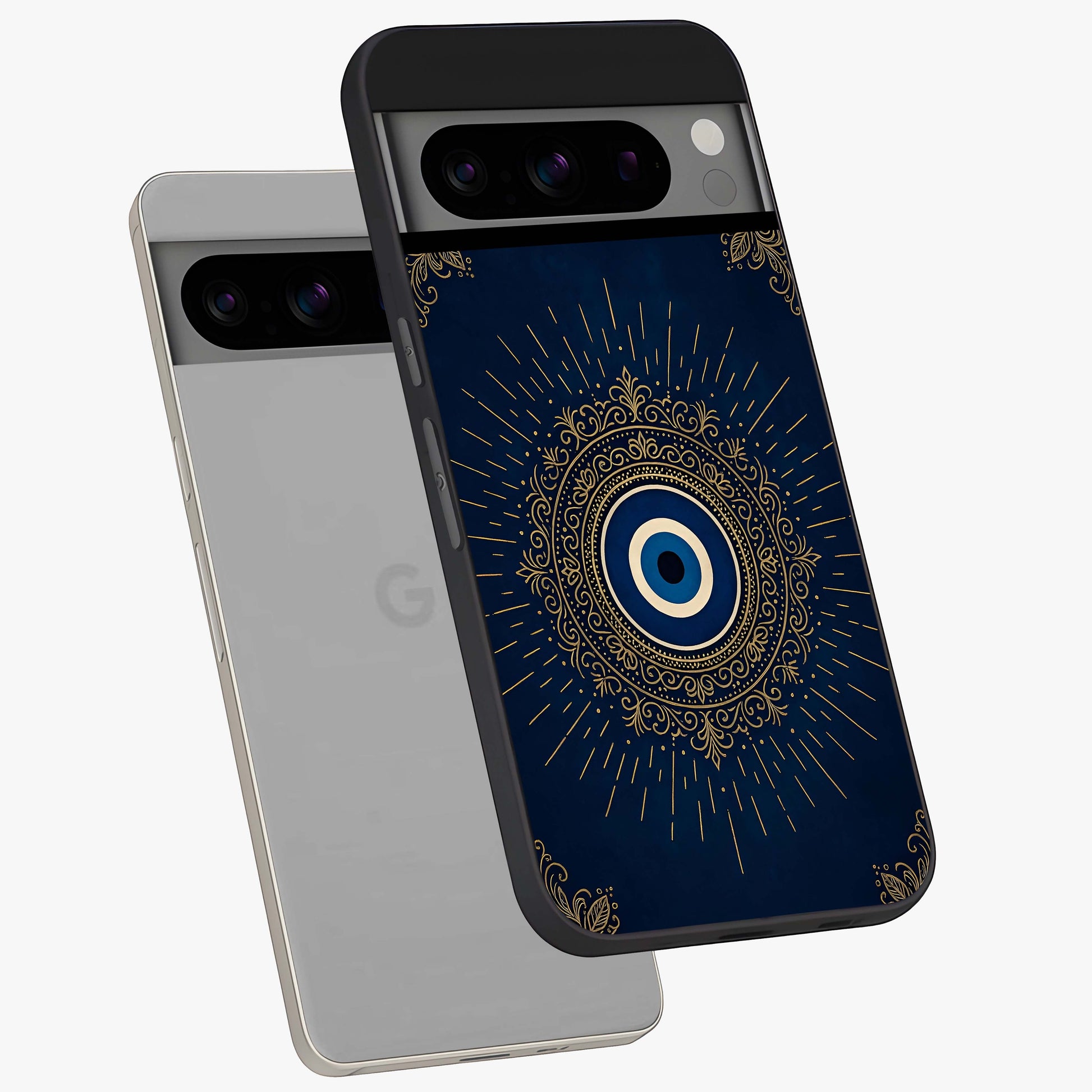 Golden Celestial Charm Glass Case displayed in angled mockup highlighting sparkling cosmic charm design with celestial aesthetic.