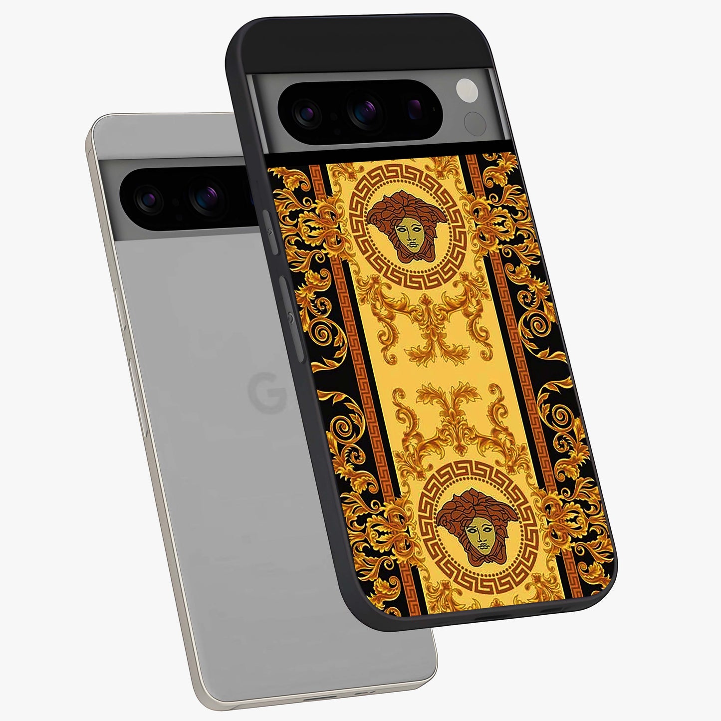 Golden Lotus Glow Glass Case displayed in angled mockup highlighting radiant lotus illustration with spiritual aesthetic.
