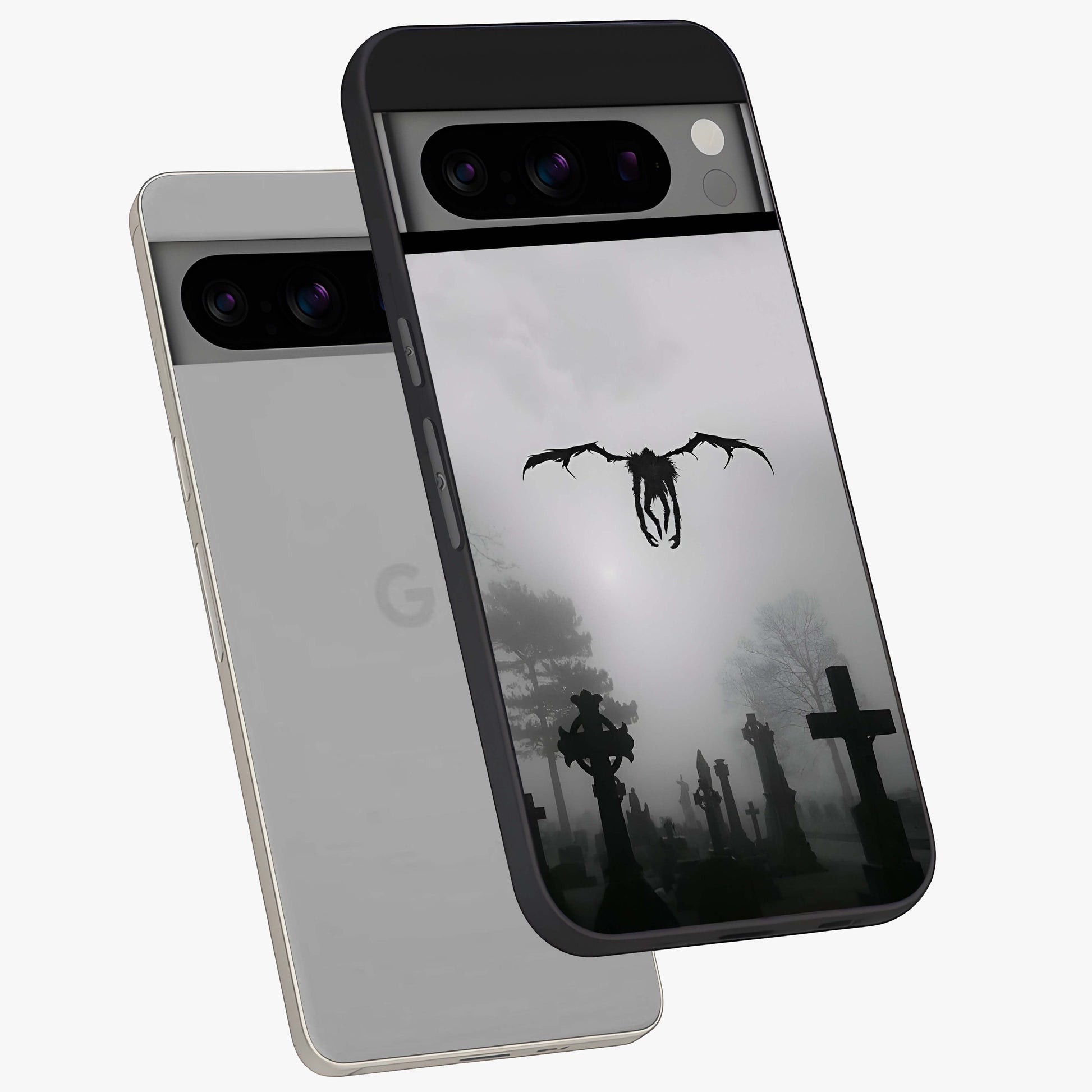 Graveyard Shadow Descent Glass Case displayed in angled mockup highlighting eerie shadow illustration with gothic aesthetic.