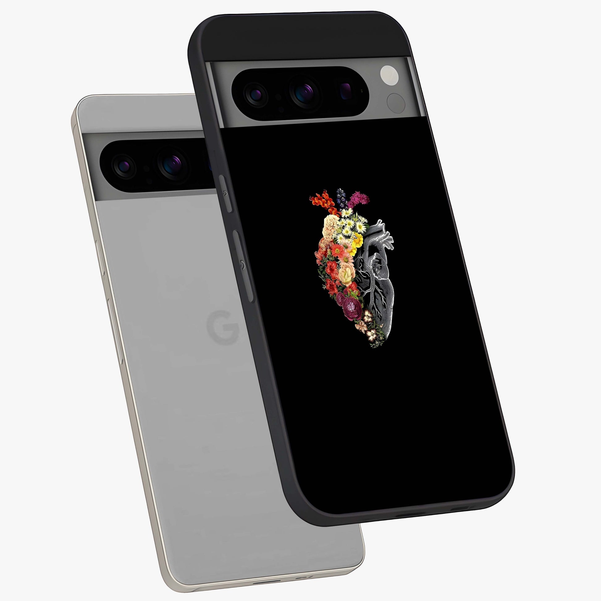 Heart With Flowers Glass Case displayed in angled mockup highlighting romantic flower design with soft aesthetic style.