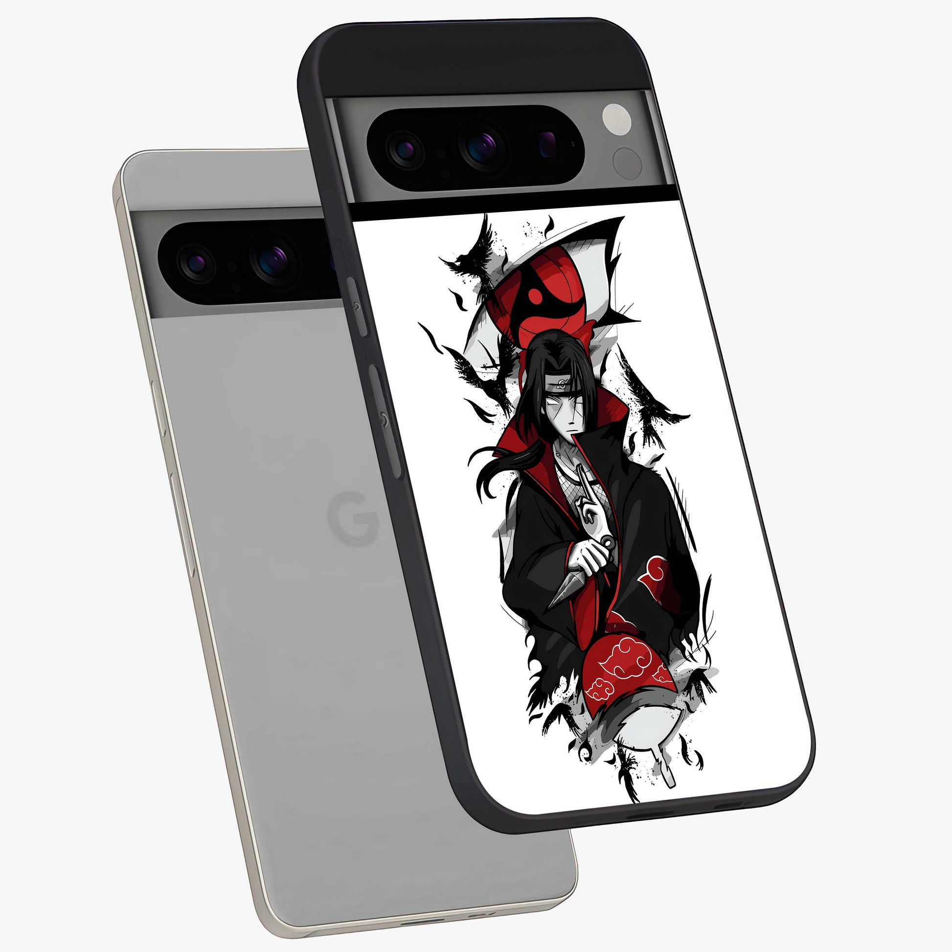 Itachi Limited Edition Naruto Anime Glass Case displayed in angled mockup highlighting dramatic anime illustration with bold action aesthetic.