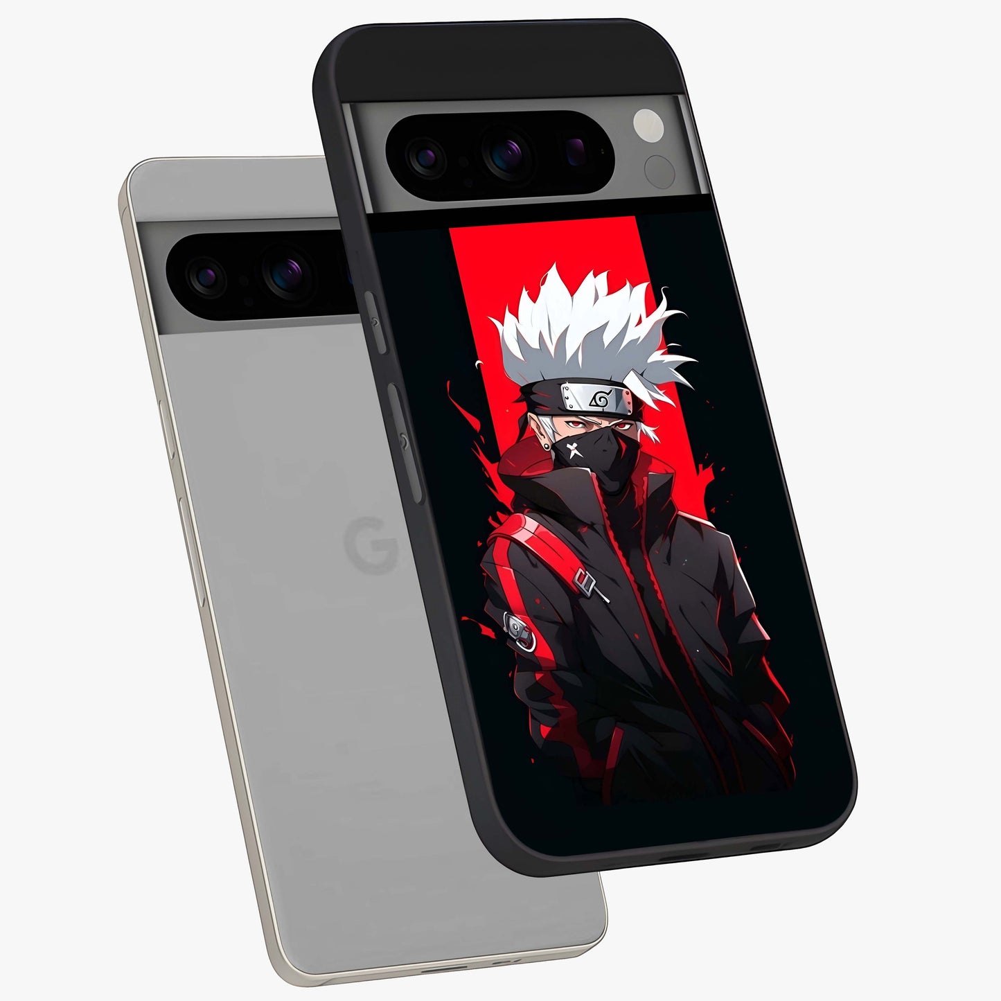 Kakashi Scarlet Shadow Glass Case displayed in angled mockup highlighting dramatic ninja illustration with scarlet themed aesthetic.