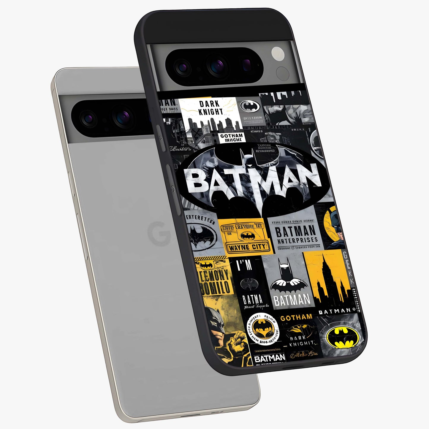 Knight Gotham Rise Glass Case displayed in angled mockup highlighting powerful knight silhouette design with dramatic aesthetic.