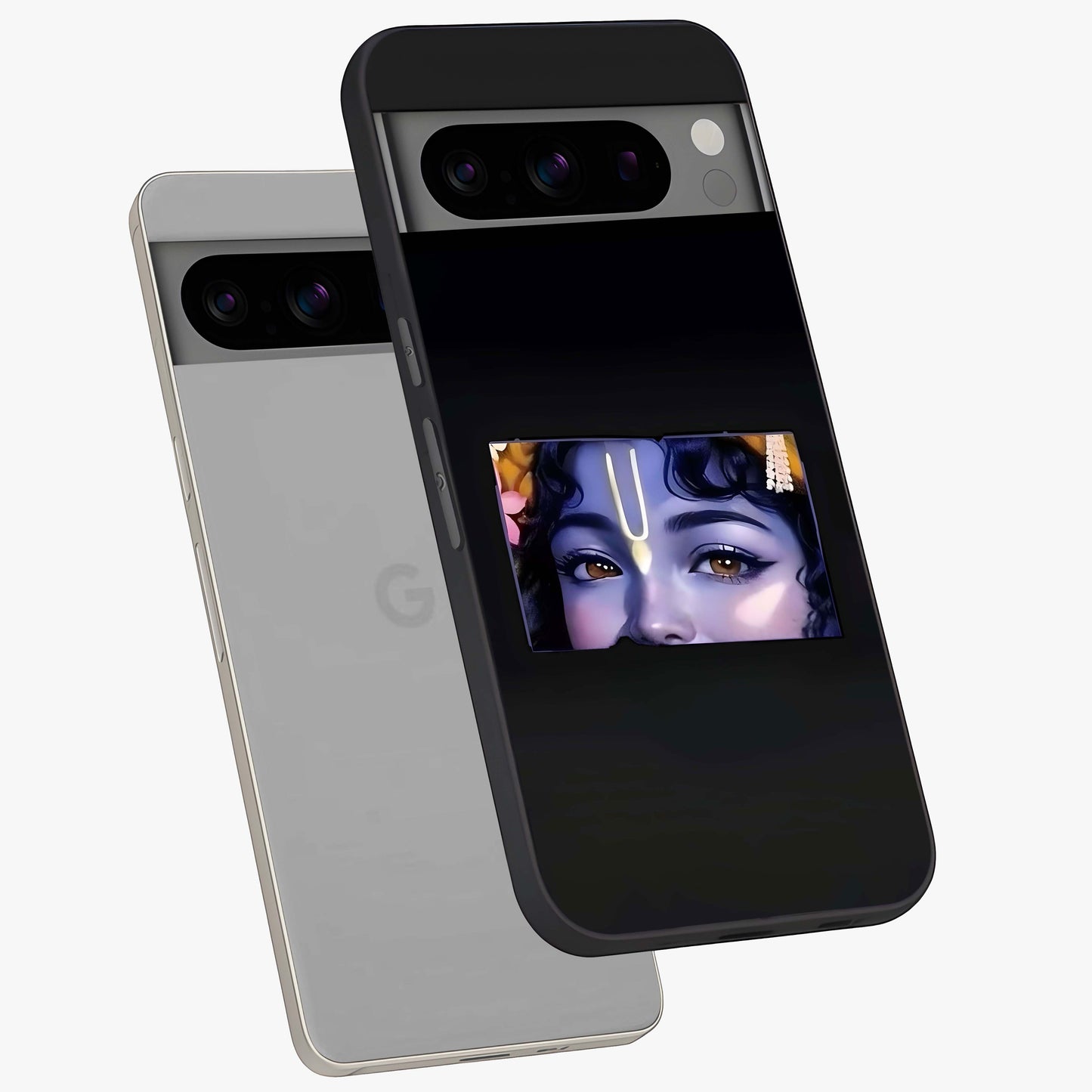 Krishna Divine Embrace Glass Case displayed in angled mockup highlighting divine Krishna illustration with spiritual aesthetic.