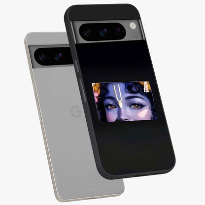 Krishna Divine Embrace Glass Case displayed in angled mockup highlighting divine Krishna illustration with spiritual aesthetic.