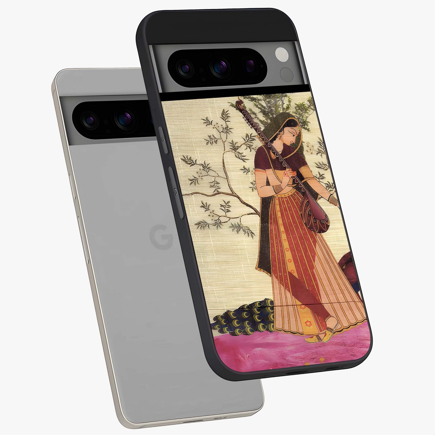 Lady With Veena Art Glass Case displayed in angled mockup highlighting graceful musical illustration with cultural artistic aesthetic.