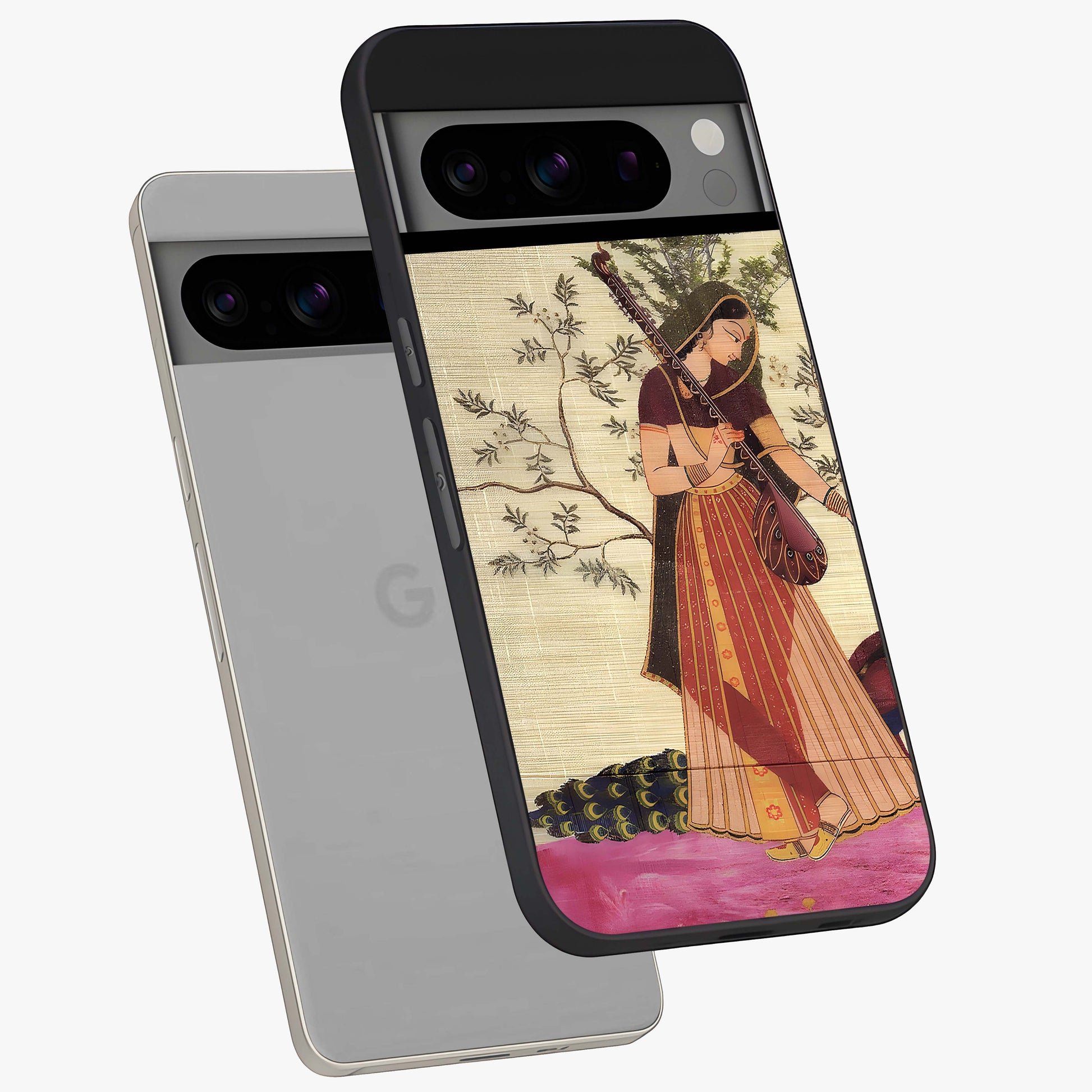Lady With Veena Art Glass Case displayed in angled mockup highlighting graceful musical illustration with cultural artistic aesthetic.