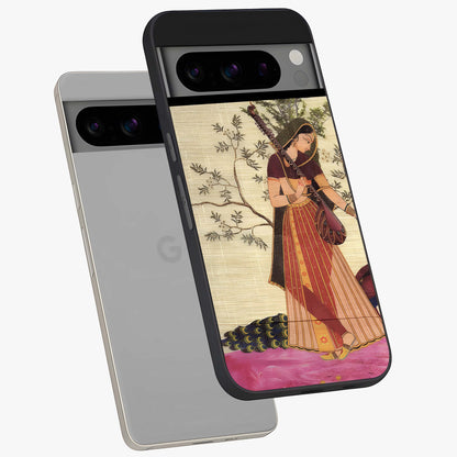 Lady With Veena Art Glass Case displayed in angled mockup highlighting graceful musical illustration with cultural artistic aesthetic.