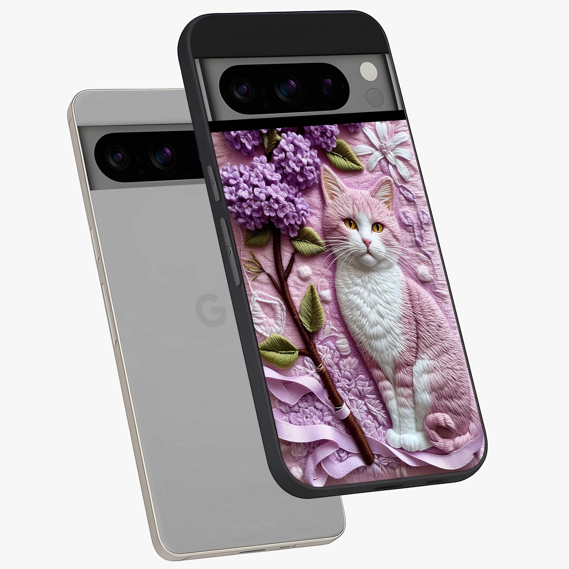 Lavender Cat Whimsy Glass Case displayed in angled mockup highlighting playful feline illustration with pastel lavender aesthetic.