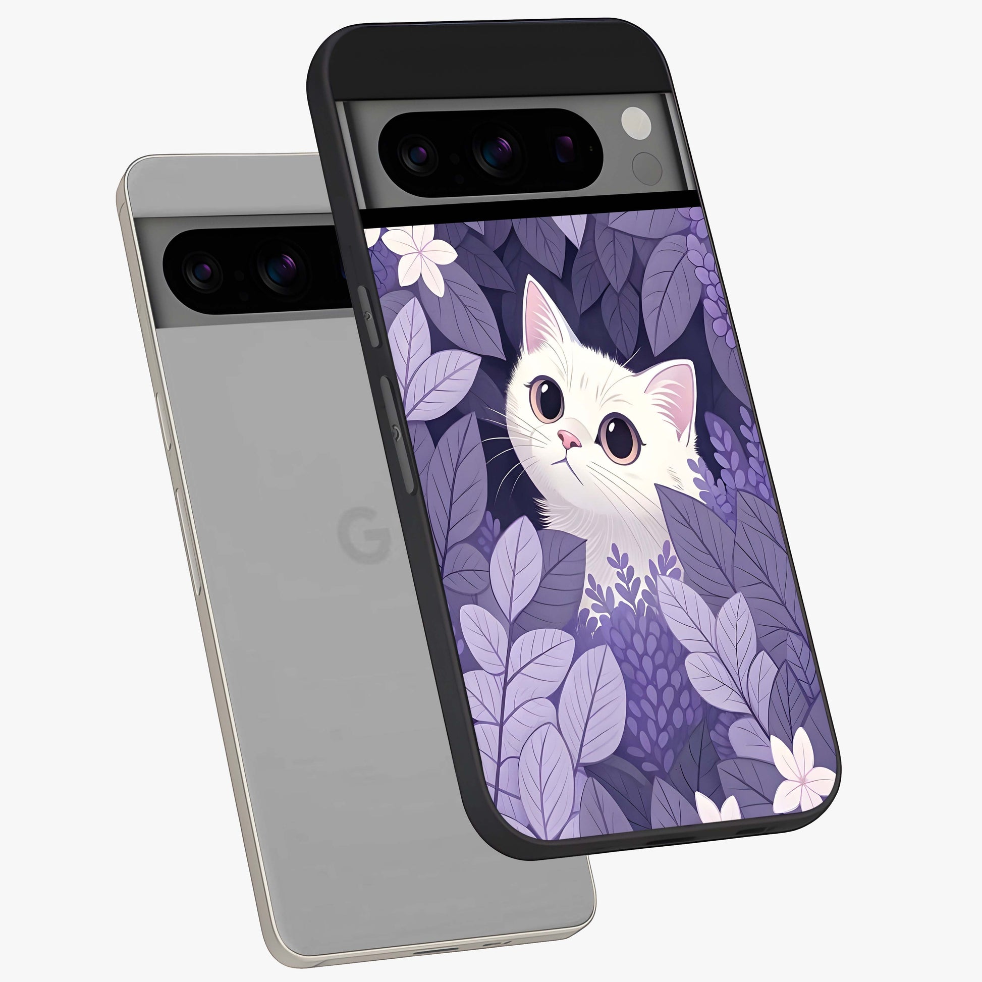 Lilac Hide Peek Cat Glass Case displayed in angled mockup highlighting playful feline illustration with lilac aesthetic design.