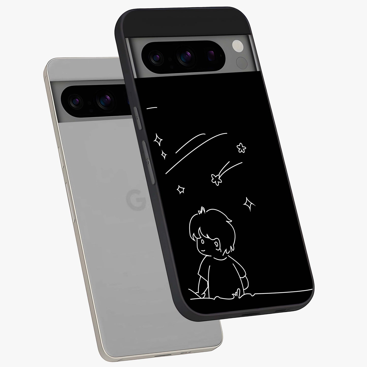 Line Art Boy With Shooting Stars Glass Case displayed in angled mockup highlighting elegant line art design with dreamy star aesthetic.