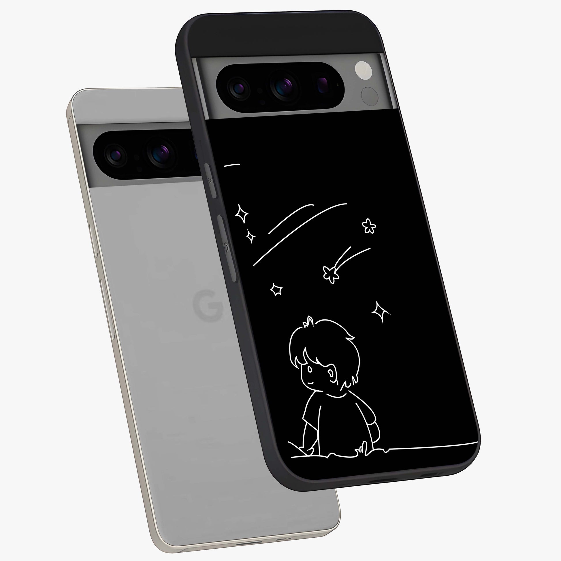 Line Art Boy With Shooting Stars Glass Case displayed in angled mockup highlighting elegant line art design with dreamy star aesthetic.