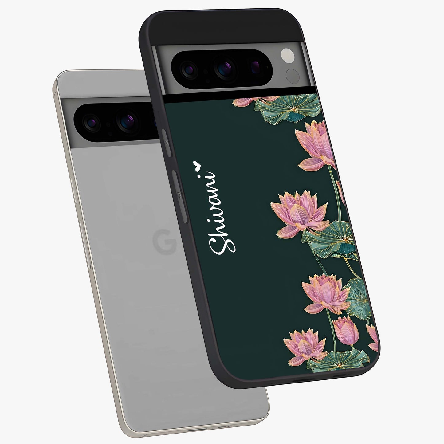 Lotus Bloom Serenity Custom Name Glass Case displayed in angled mockup highlighting graceful lotus illustration with custom name feature.