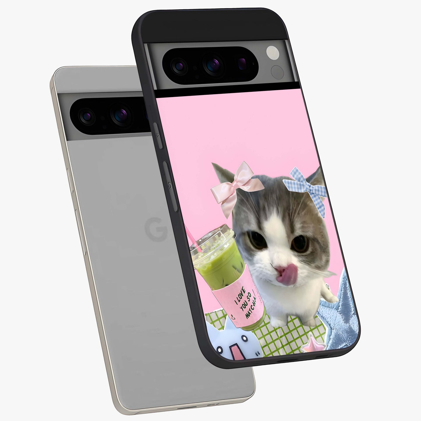 Love Matcha Cat Glass Case displayed in angled mockup highlighting playful feline illustration with cozy matcha aesthetic.