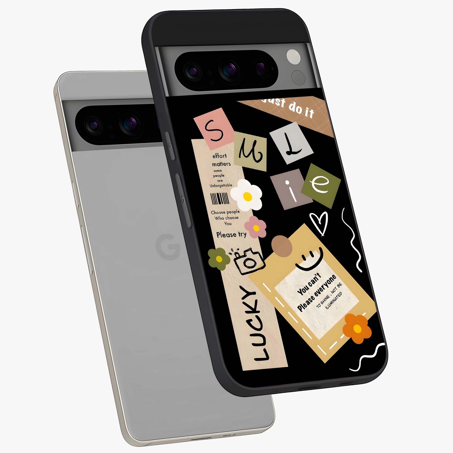 Lucky Aesthetic Collage Glass Case displayed in angled mockup highlighting stylish collage pattern with modern aesthetic vibe.