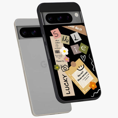 Lucky Aesthetic Collage Glass Case displayed in angled mockup highlighting stylish collage pattern with modern aesthetic vibe.