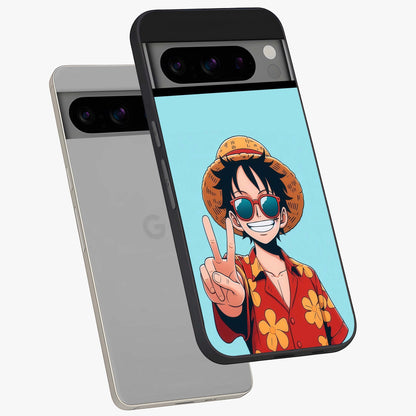 Luffy Summer Anime Vibe Glass Case displayed in angled mockup highlighting energetic anime illustration with summer vibe aesthetic.