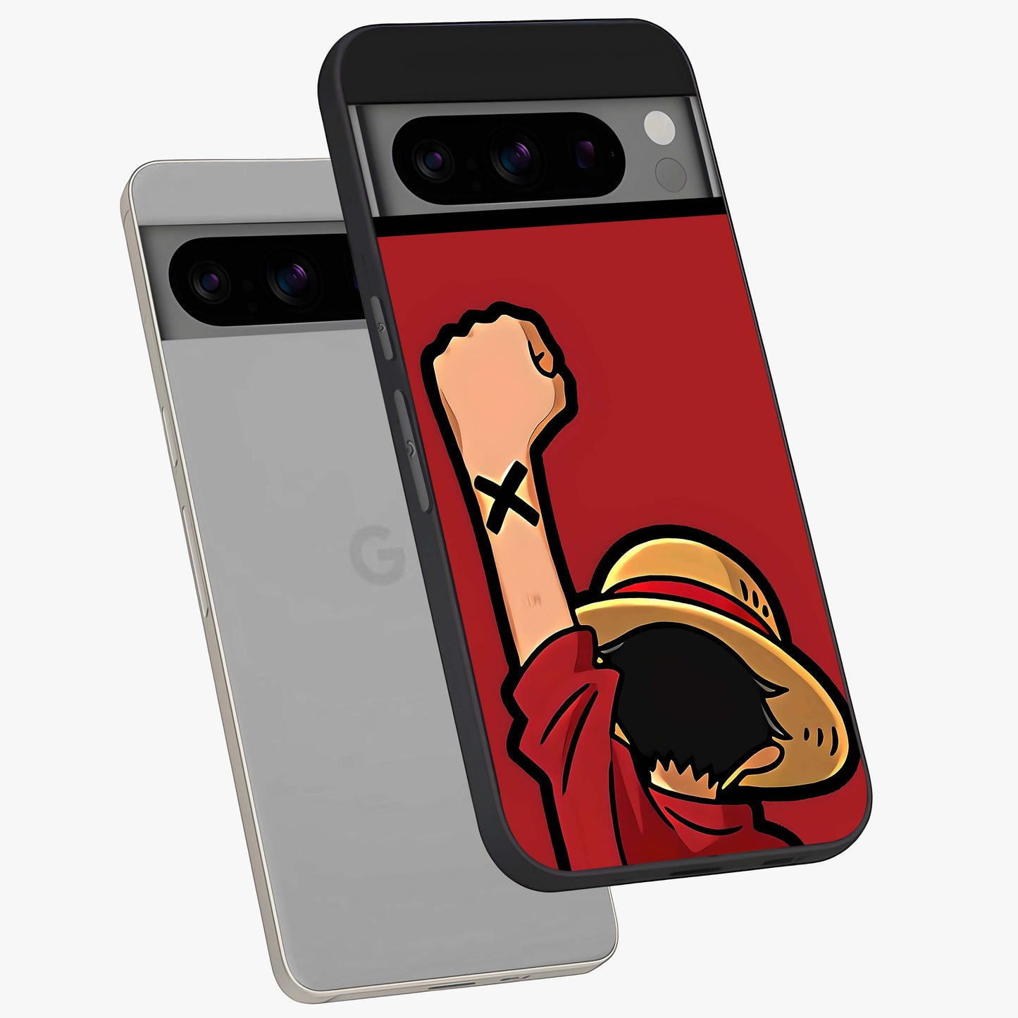 Luffy X Spirit Glass Case displayed in angled mockup highlighting powerful anime design with energetic action aesthetic.