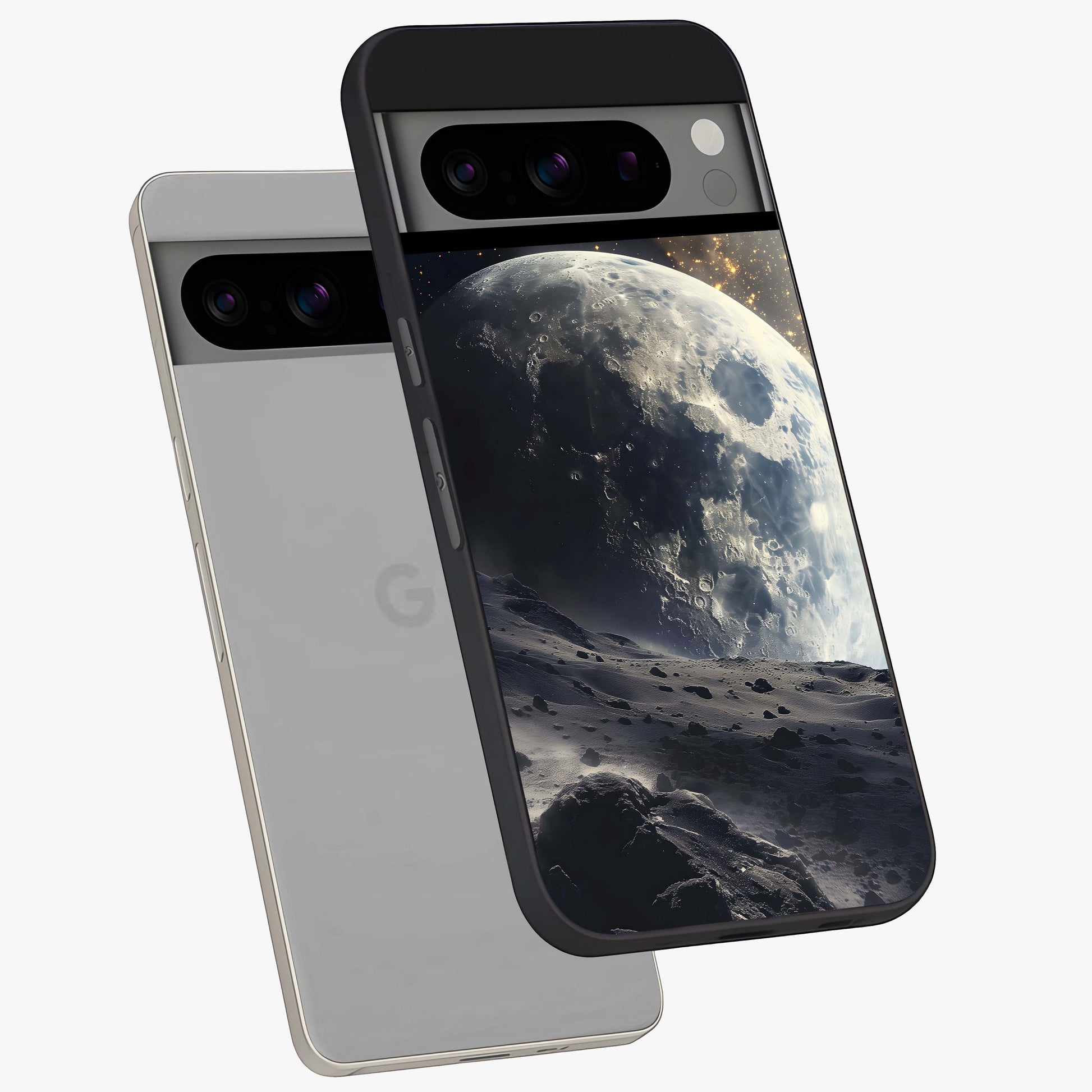 Lunar Horizon Glow Glass Case displayed in angled mockup highlighting celestial moon design with dreamy night aesthetic.