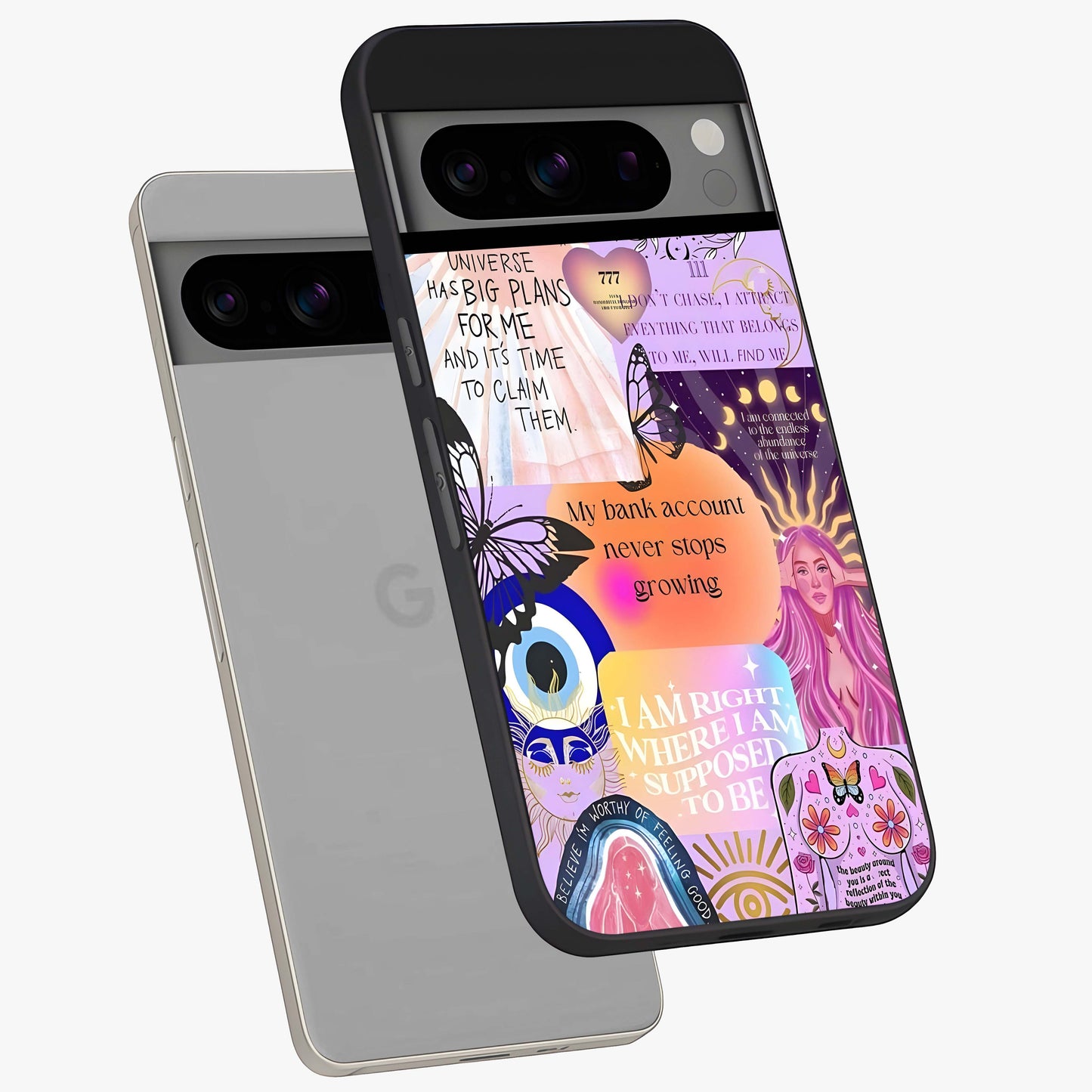 Manifestation Collage Glass Case displayed in angled mockup highlighting inspirational aesthetic collage design.