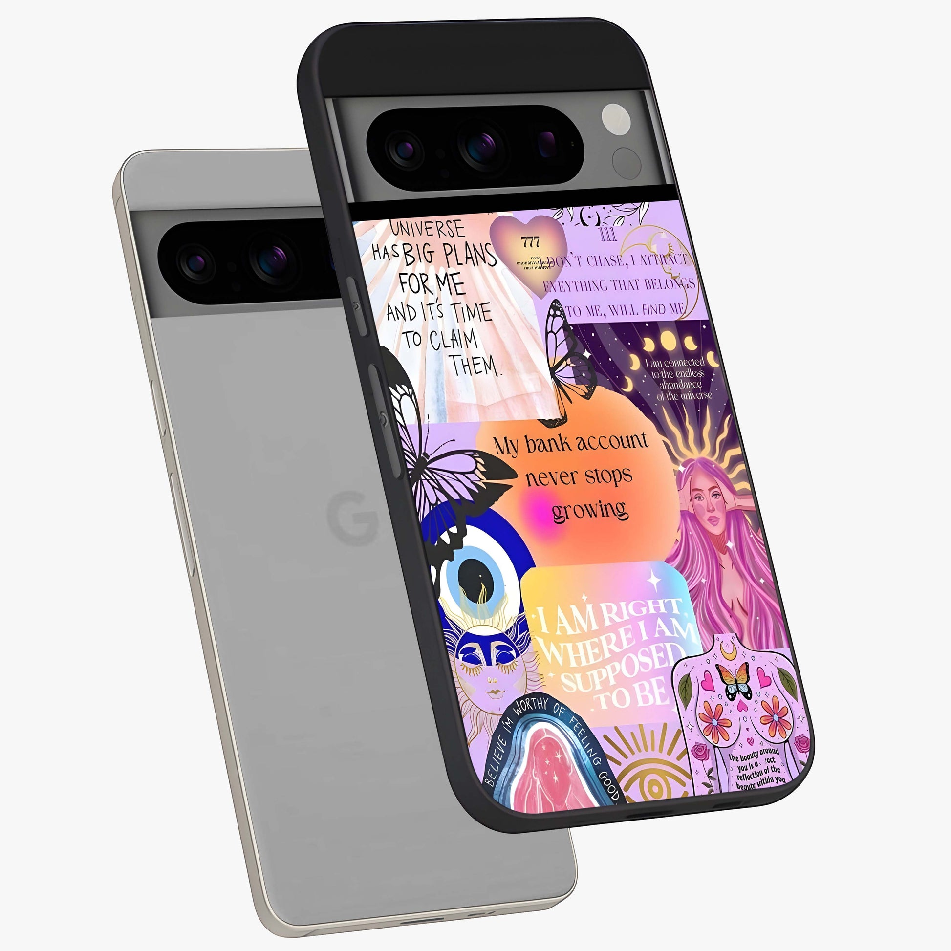Manifestation Collage Glass Case displayed in angled mockup highlighting inspirational aesthetic collage design.