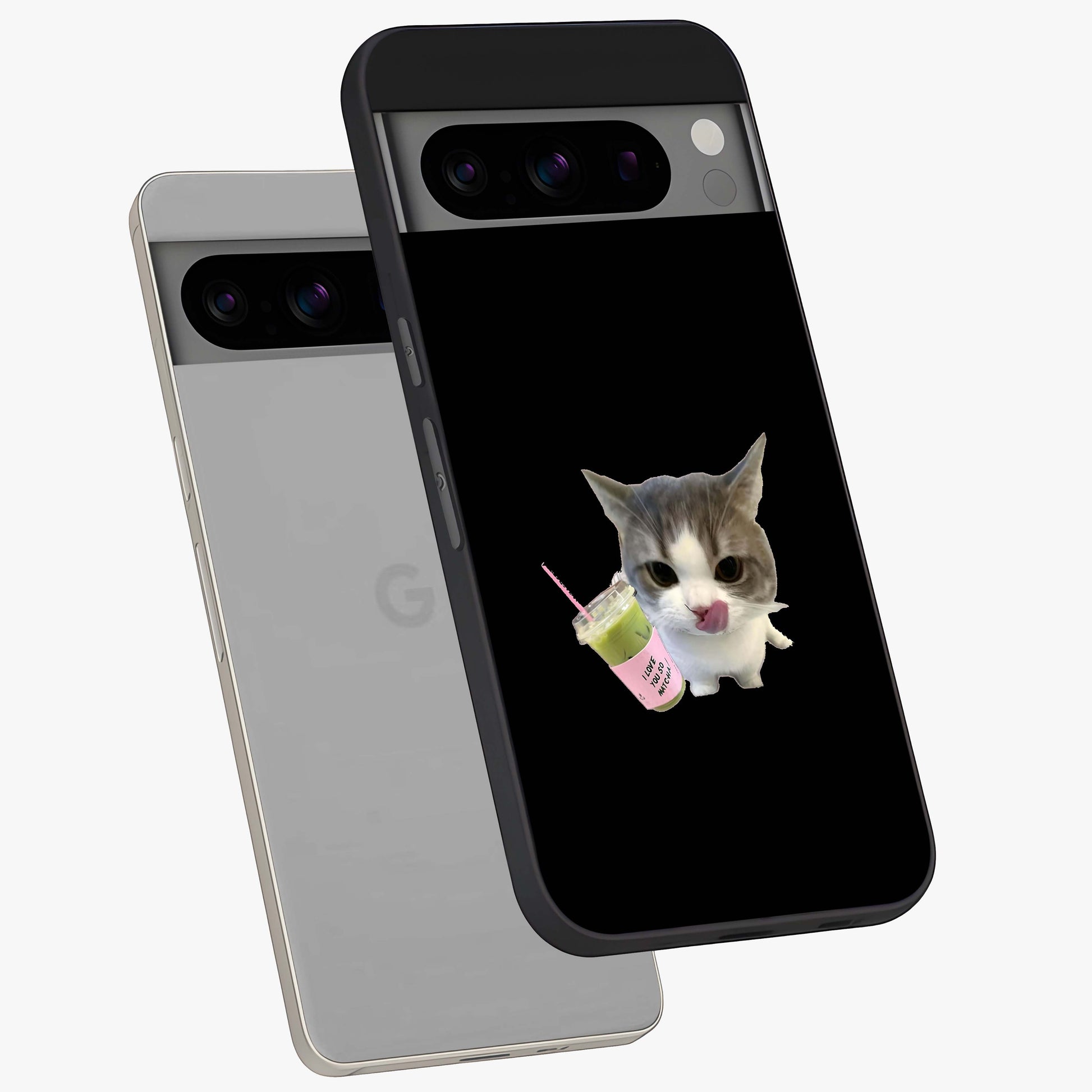 Matcha Cat Style Glass Case displayed in angled mockup highlighting playful feline design with pastel matcha aesthetic.