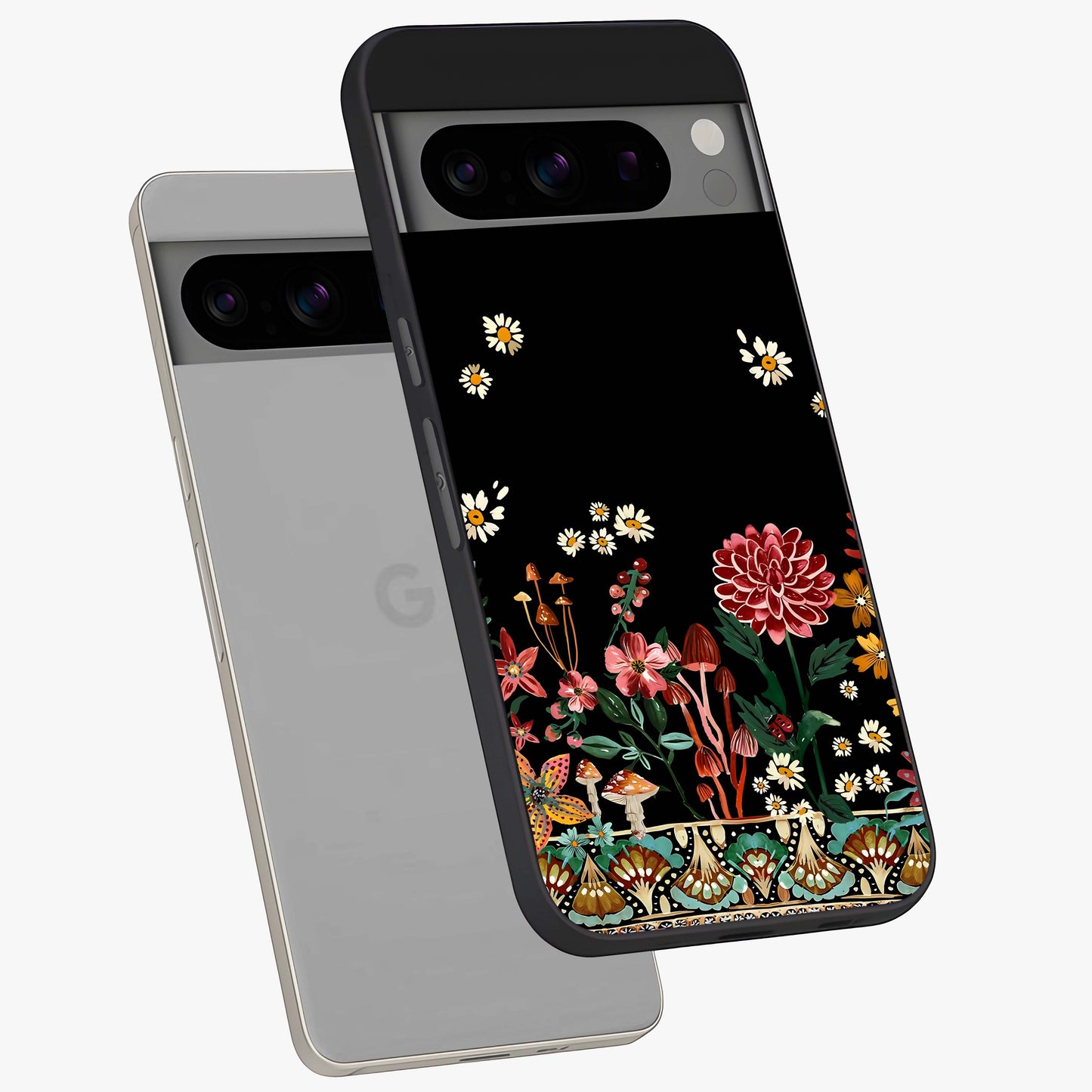 Midnight Bloom Pattern Glass Case displayed in angled mockup highlighting elegant flower design with midnight aesthetic style.