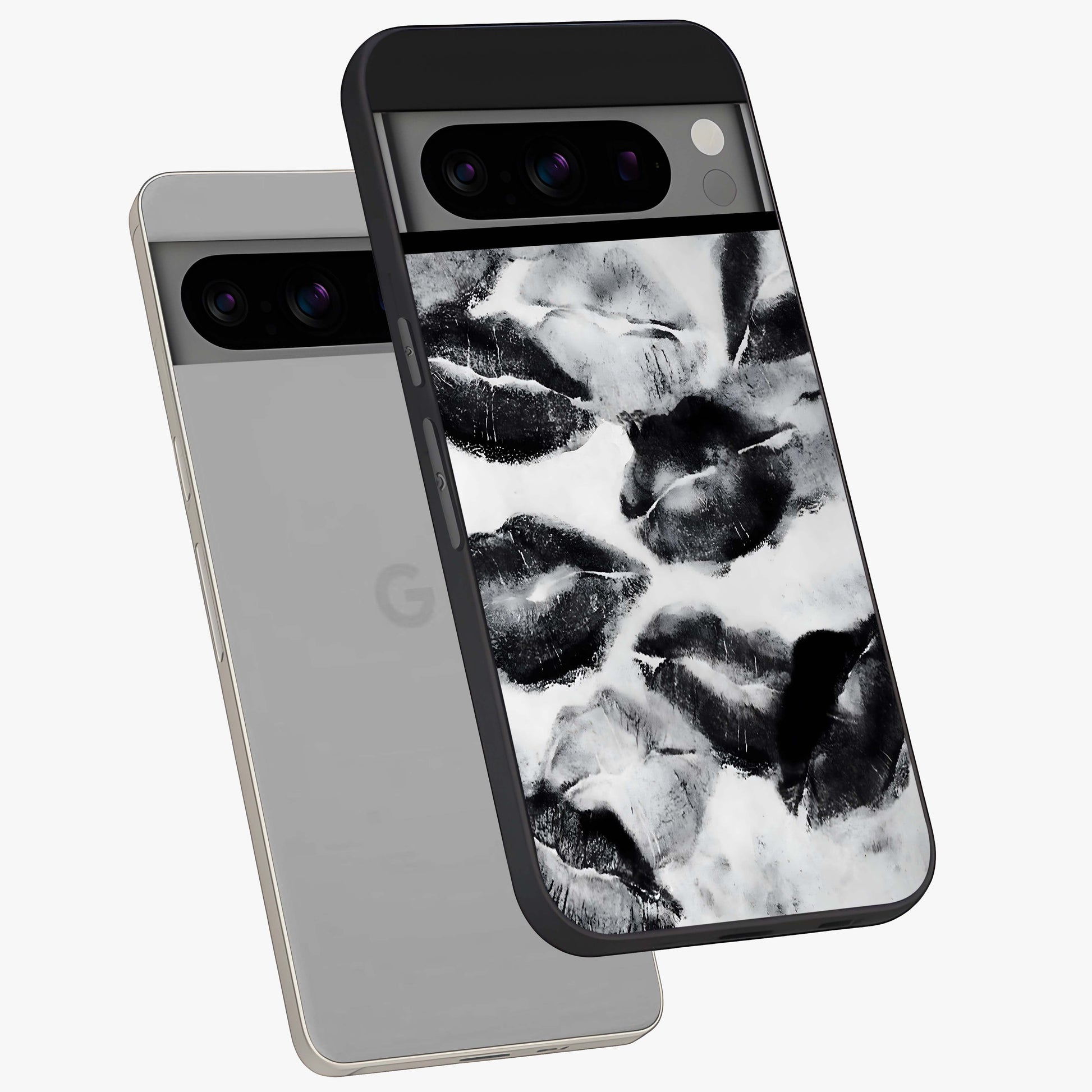Midnight Kiss Marks Glass Case displayed in angled mockup highlighting playful romantic design with bold midnight aesthetic.