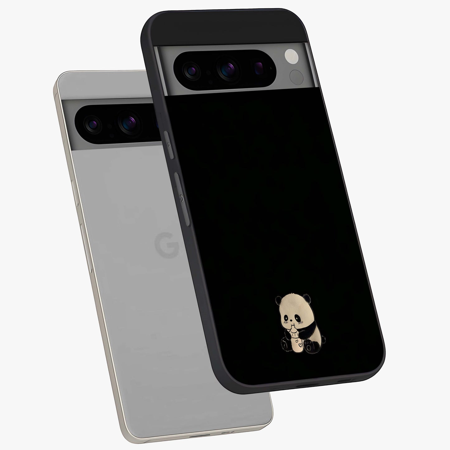 Midnight Panda Love Glass Case displayed in angled mockup highlighting adorable panda illustration with midnight aesthetic.