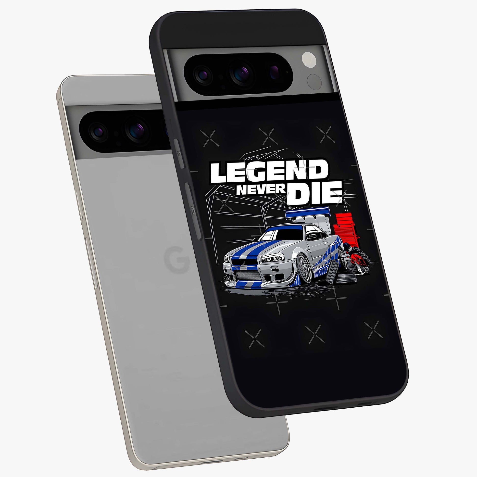 Midnight Racing Legacy Glass Case displayed in angled mockup highlighting dynamic automotive design with bold midnight aesthetic.